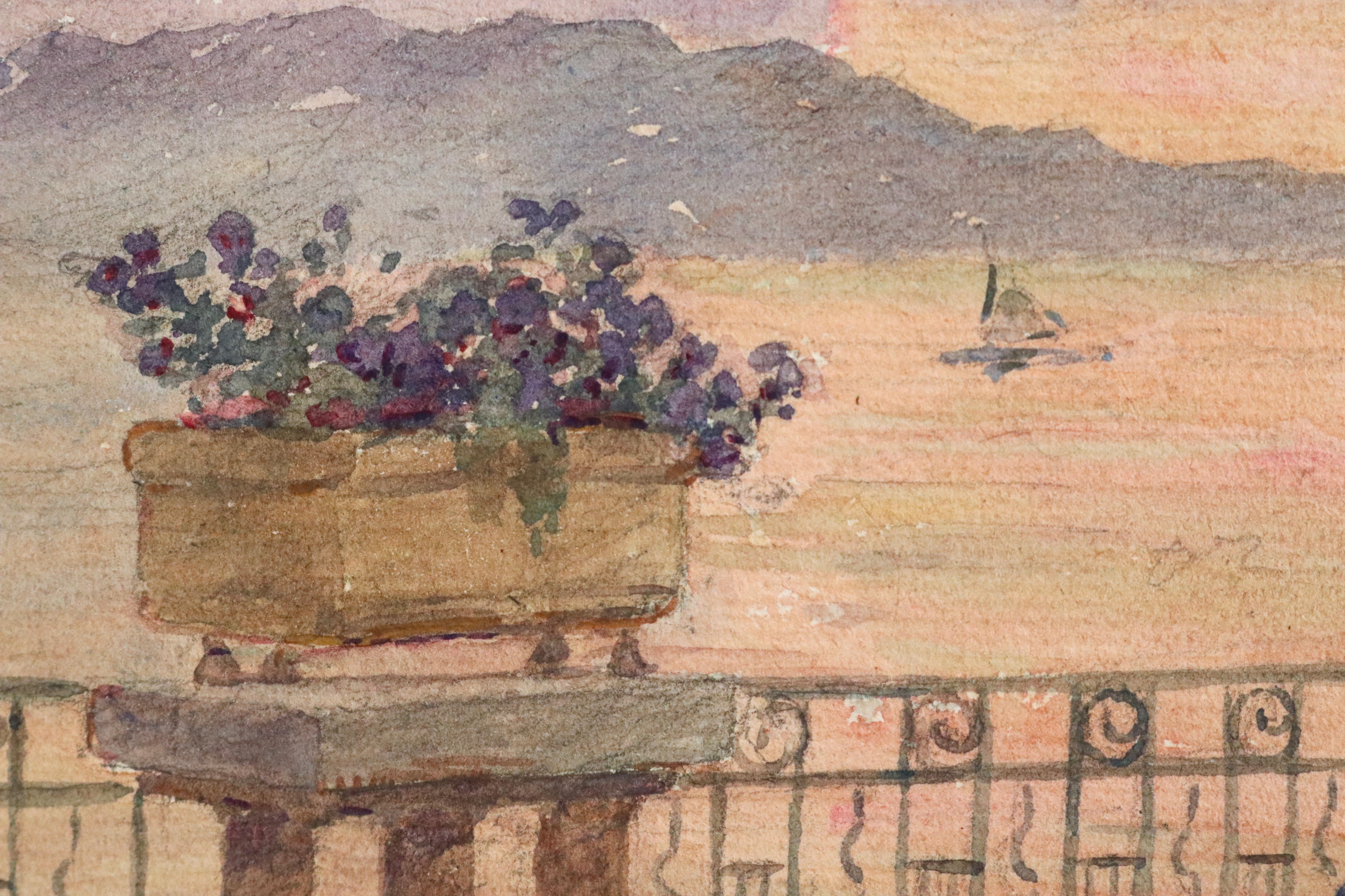La Vue - Juan les Pins - Aquarelle du XIXe siècle, Fleurs par la mer, Paysage Duhem - Impressionnisme Painting par Henri Duhem
