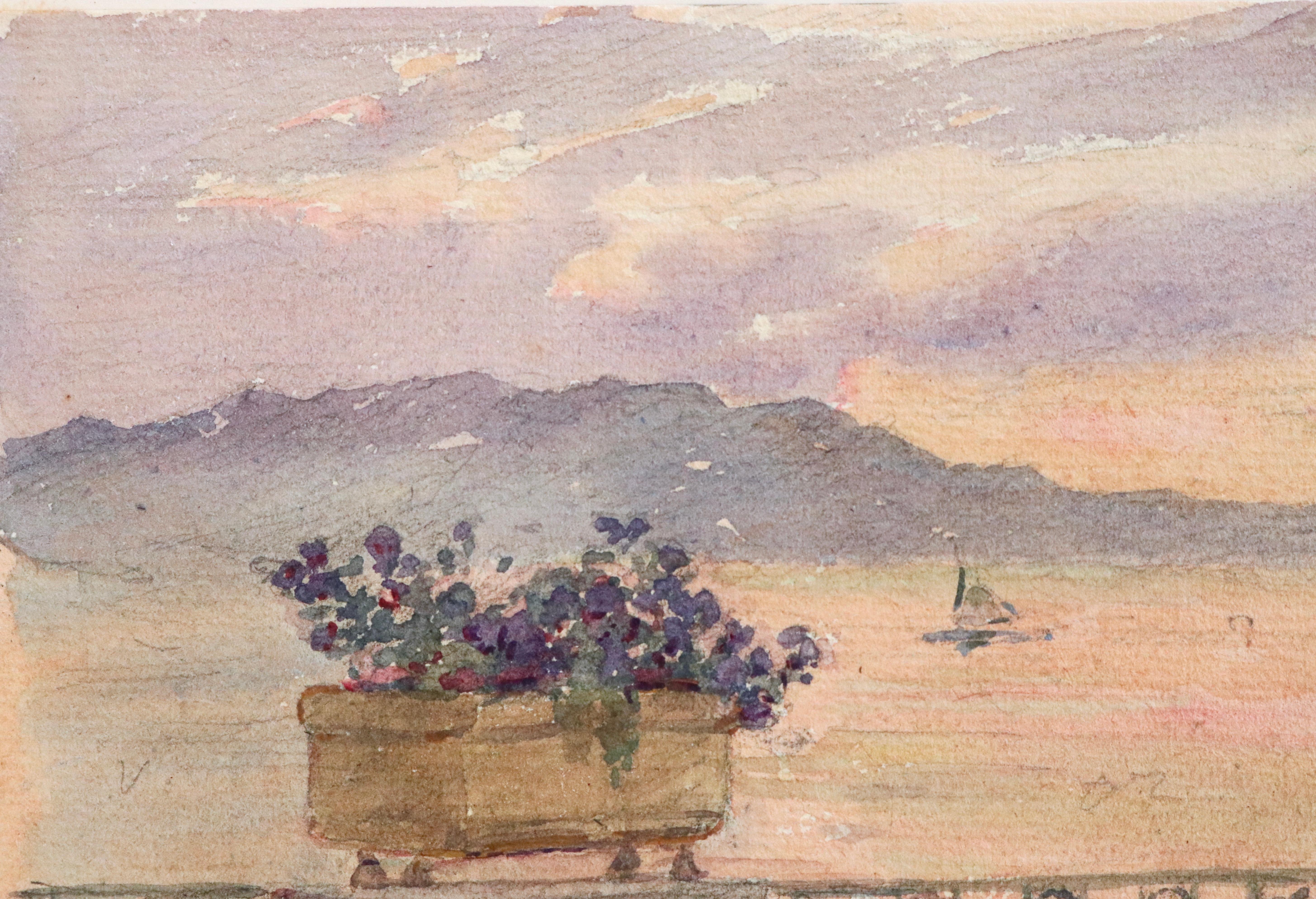 La Vue - Juan les Pins - Aquarelle du XIXe siècle, Fleurs par la mer, Paysage Duhem - Beige Landscape Painting par Henri Duhem
