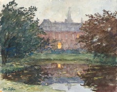 Maison au bord de l
étang - 19th Century Watercolor, Evening Landscape by Duhem