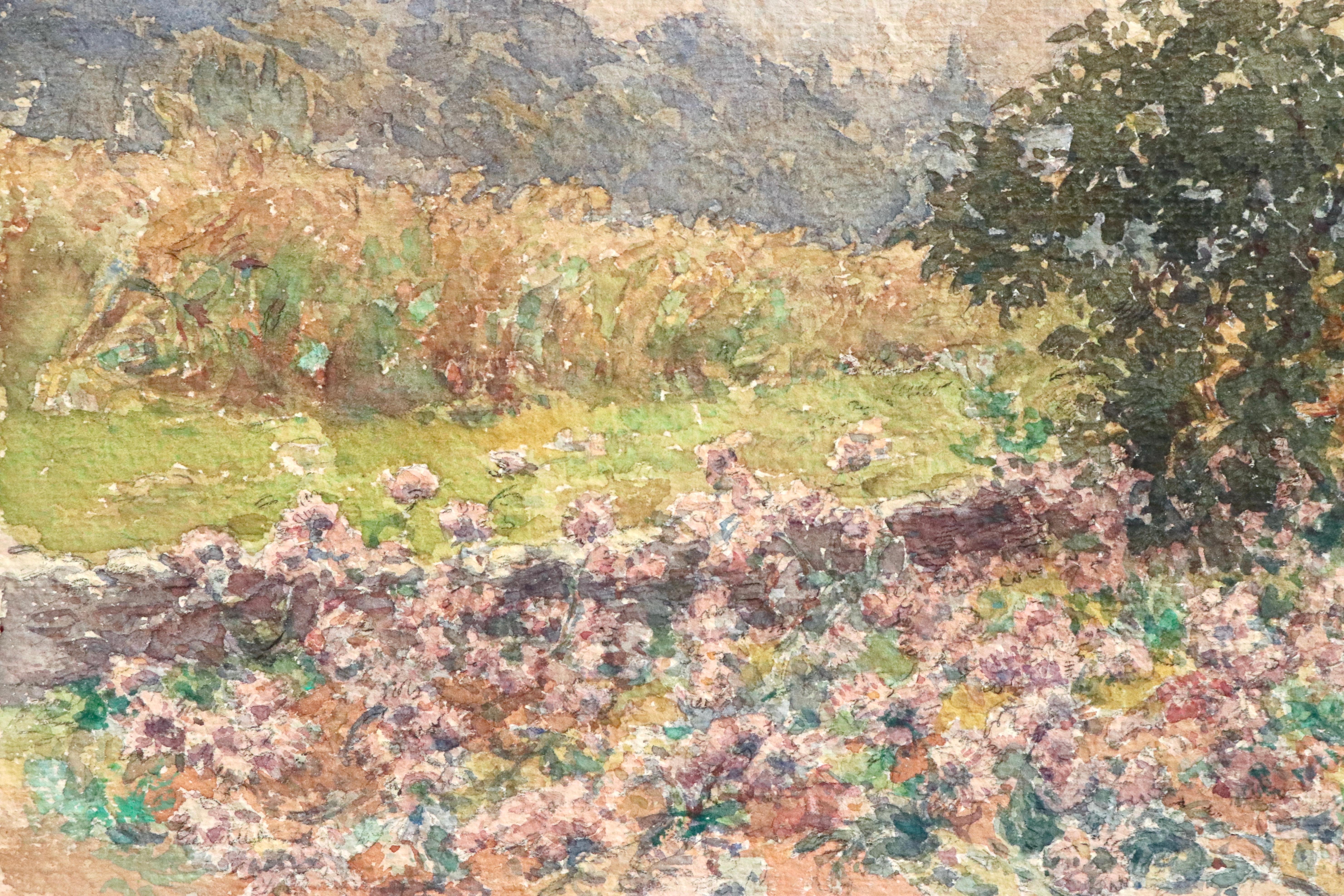 Fleurs en Paysage - 19th Century Watercolour, Flowers in Landscape by H Duhem 1