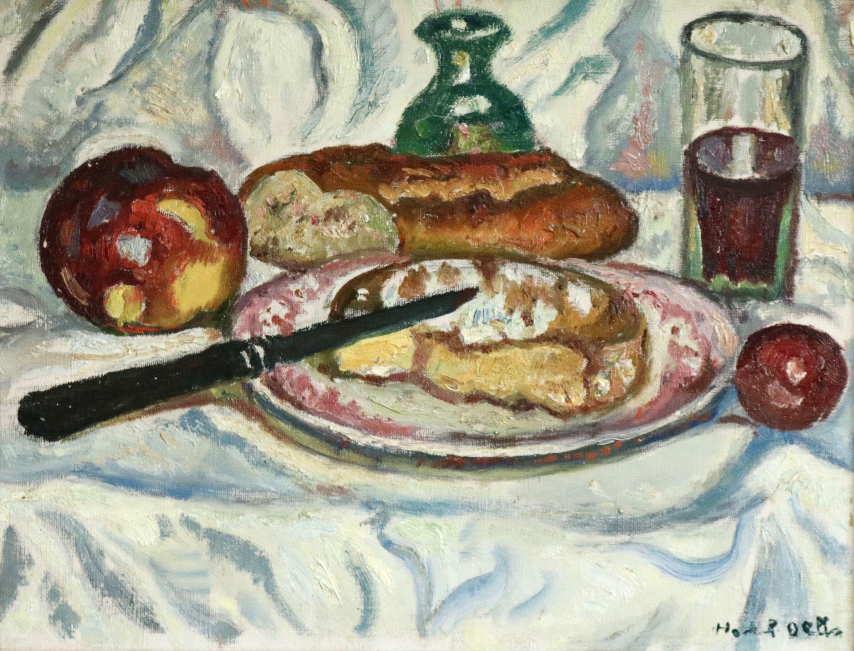 Petit Déjeuner- 20th Century Oil, Still Life of Cheese & Bread by de Saint-Délis - Painting by Henri Liénard de Saint-Délis
