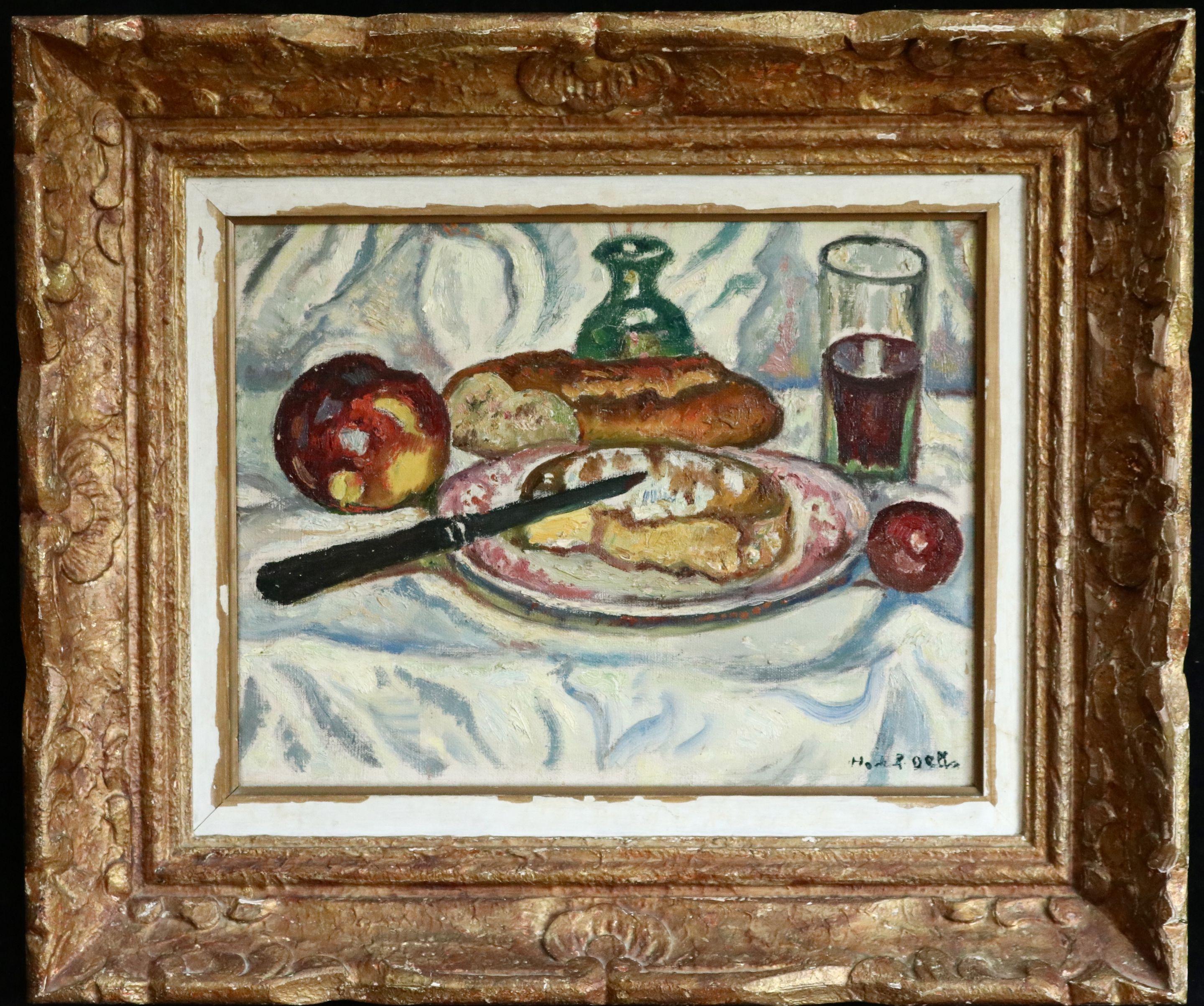 Petit Déjeuner- 20th Century Oil, Still Life of Cheese & Bread by de Saint-Délis - Post-Impressionist Painting by Henri Liénard de Saint-Délis