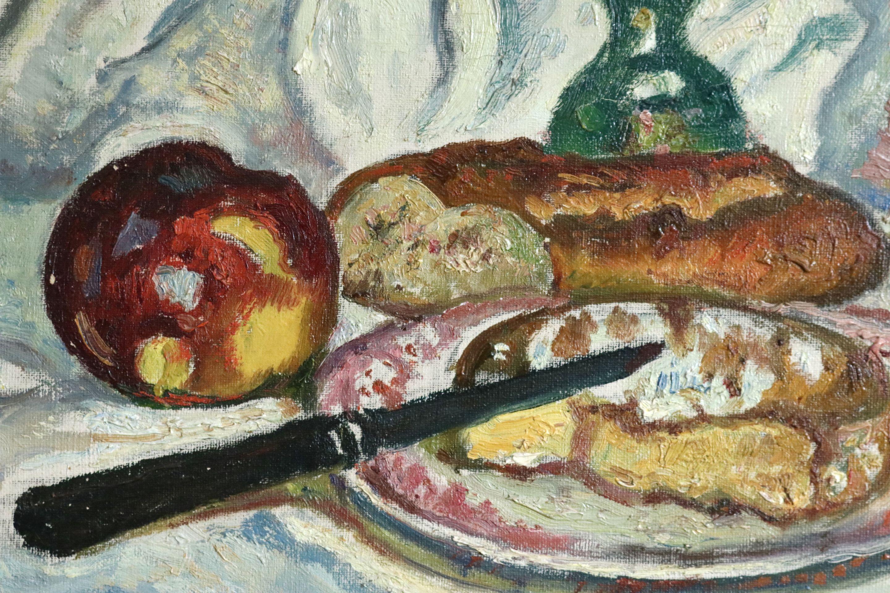 Oil on canvas circa 1930 by Henri Liénard de Saint-Délis. A still life of a lunch of cheese, bread and fruit. Signed lower right. Framed dimensions are 17 inches high by 20 inches wide.

Henri Liénard de Saint-Délis was the son of a Dragoons officer