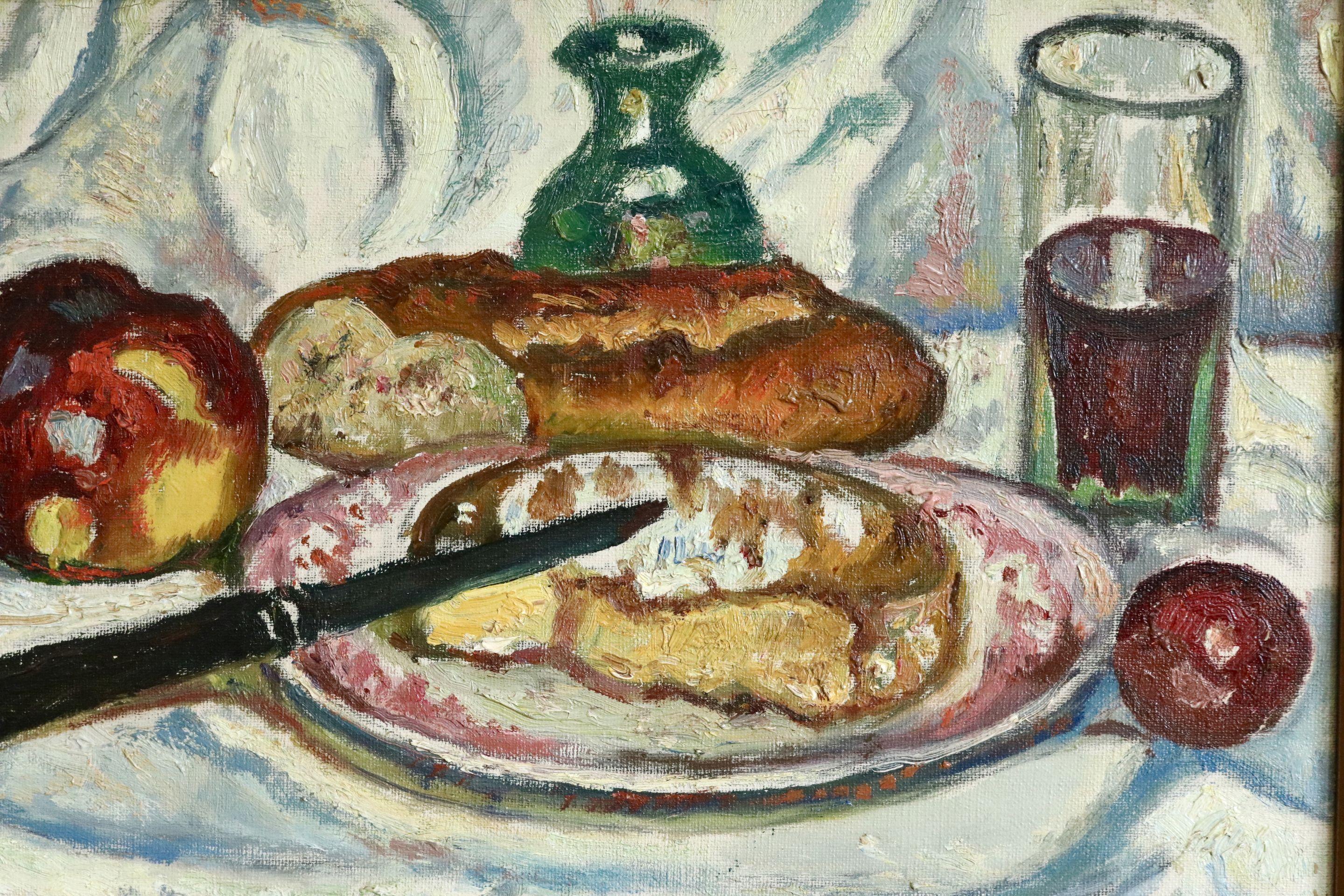 Petit Déjeuner- 20th Century Oil, Still Life of Cheese & Bread by de Saint-Délis 1