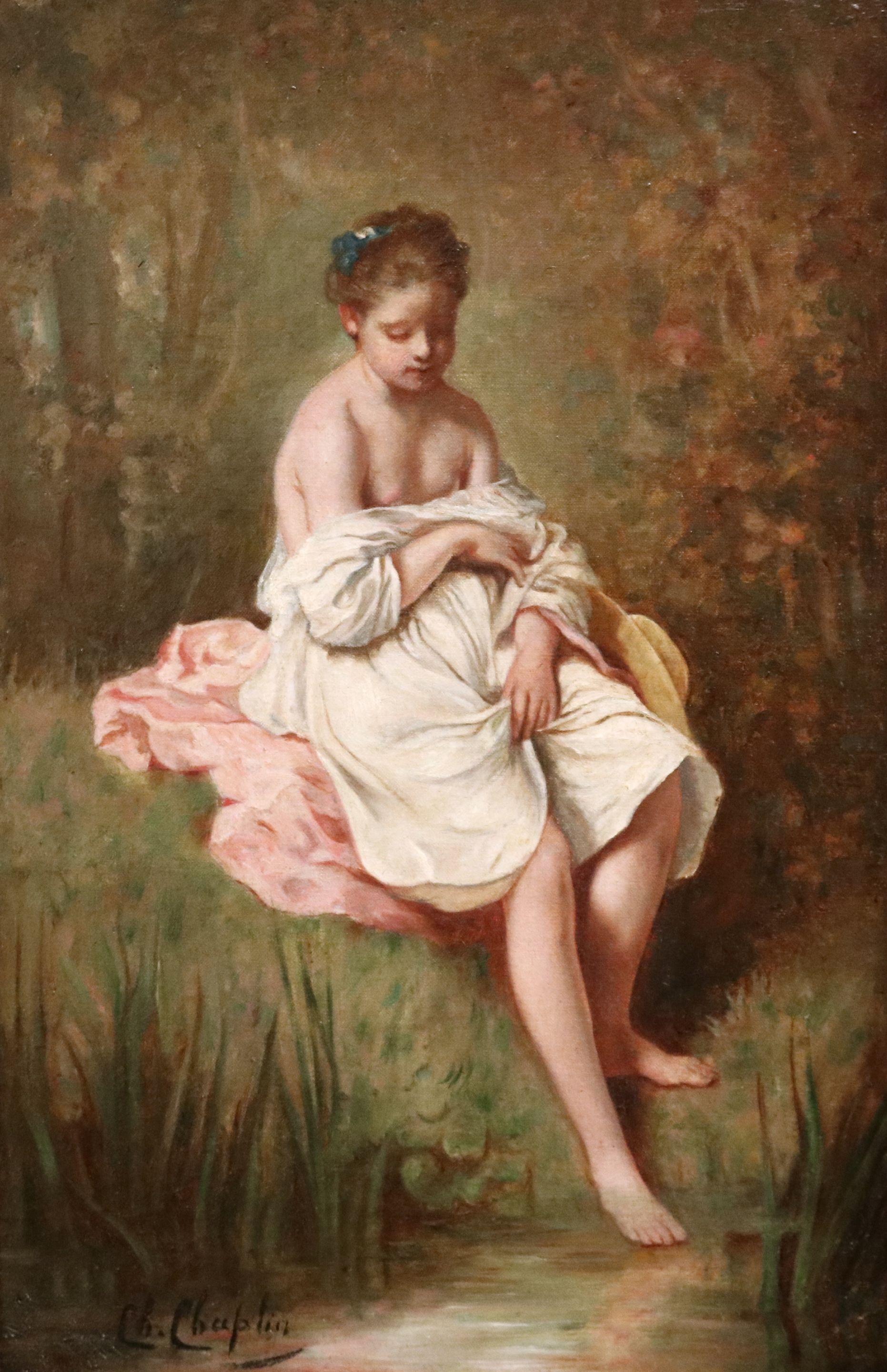 Charles Chaplin  Figurative Painting - Baigneuse - 19th Century Oil, Nude Figure in River Landscape by Charles Chaplin