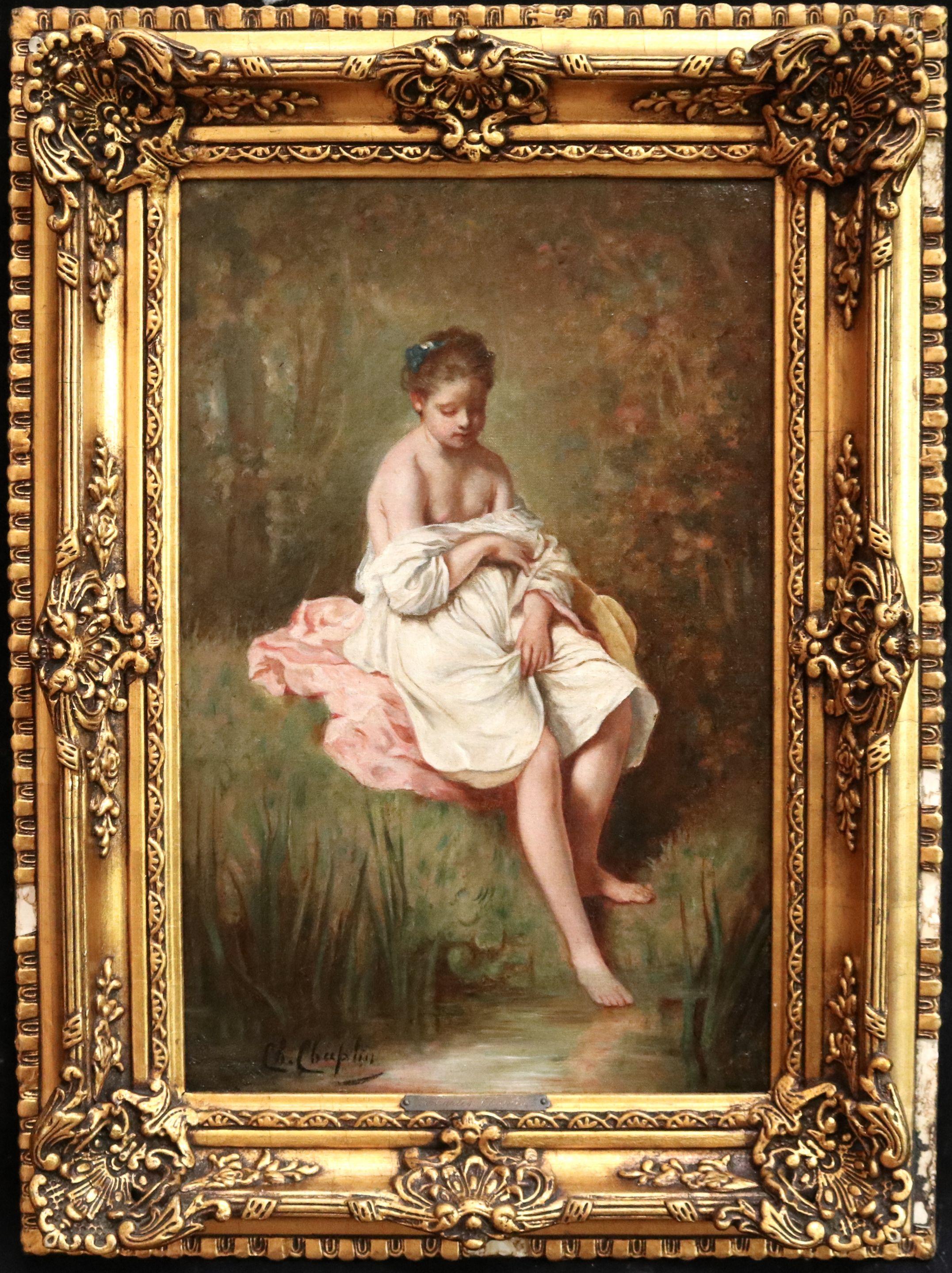 Baigneuse - 19th Century Oil, Nude Figure in River Landscape by Charles Chaplin - Painting by Charles Chaplin 
