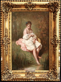 Baigneuse - 19th Century Oil, Nude Figure in River Landscape by Charles Chaplin