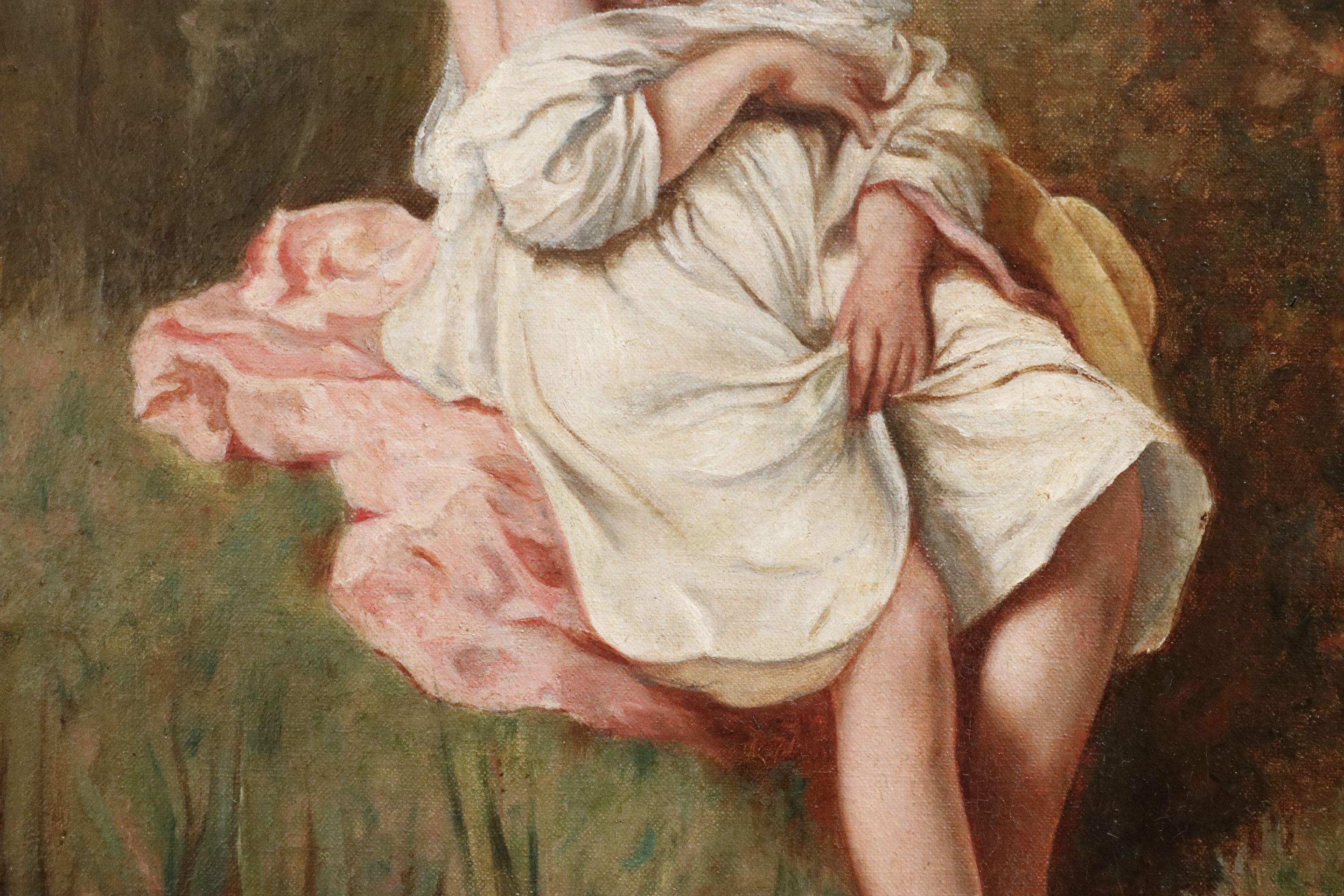 Oil on canvas circa 1880 by Charles Chaplin depicting a partially nude young woman sitting on a water's edge dipping her toe in the river. Signed lower left. Framed dimensions are 21 inches high by 16 inches wide.

Born in Les Andelys, Eure, France
