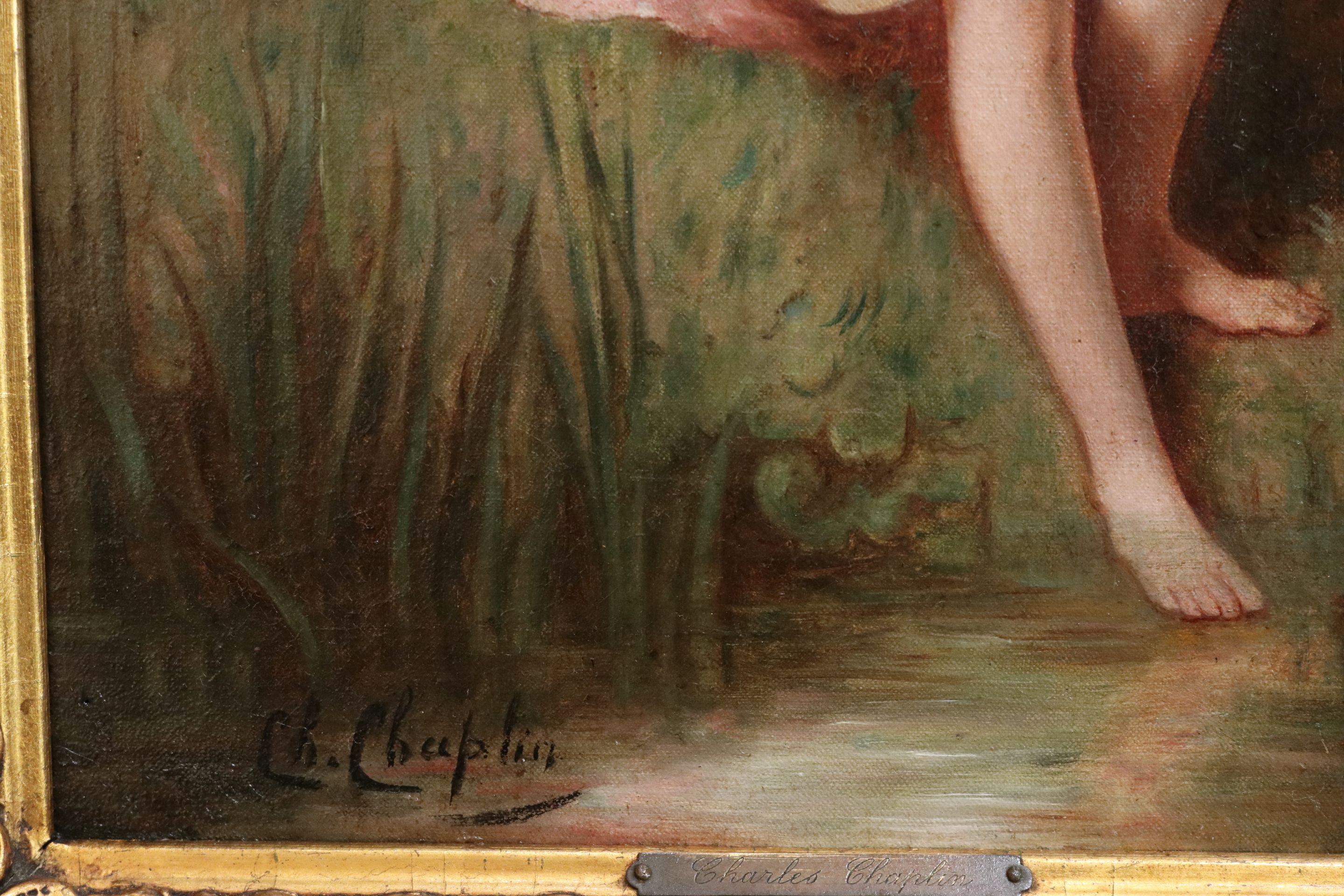 Baigneuse - 19th Century Oil, Nude Figure in River Landscape by Charles Chaplin 1