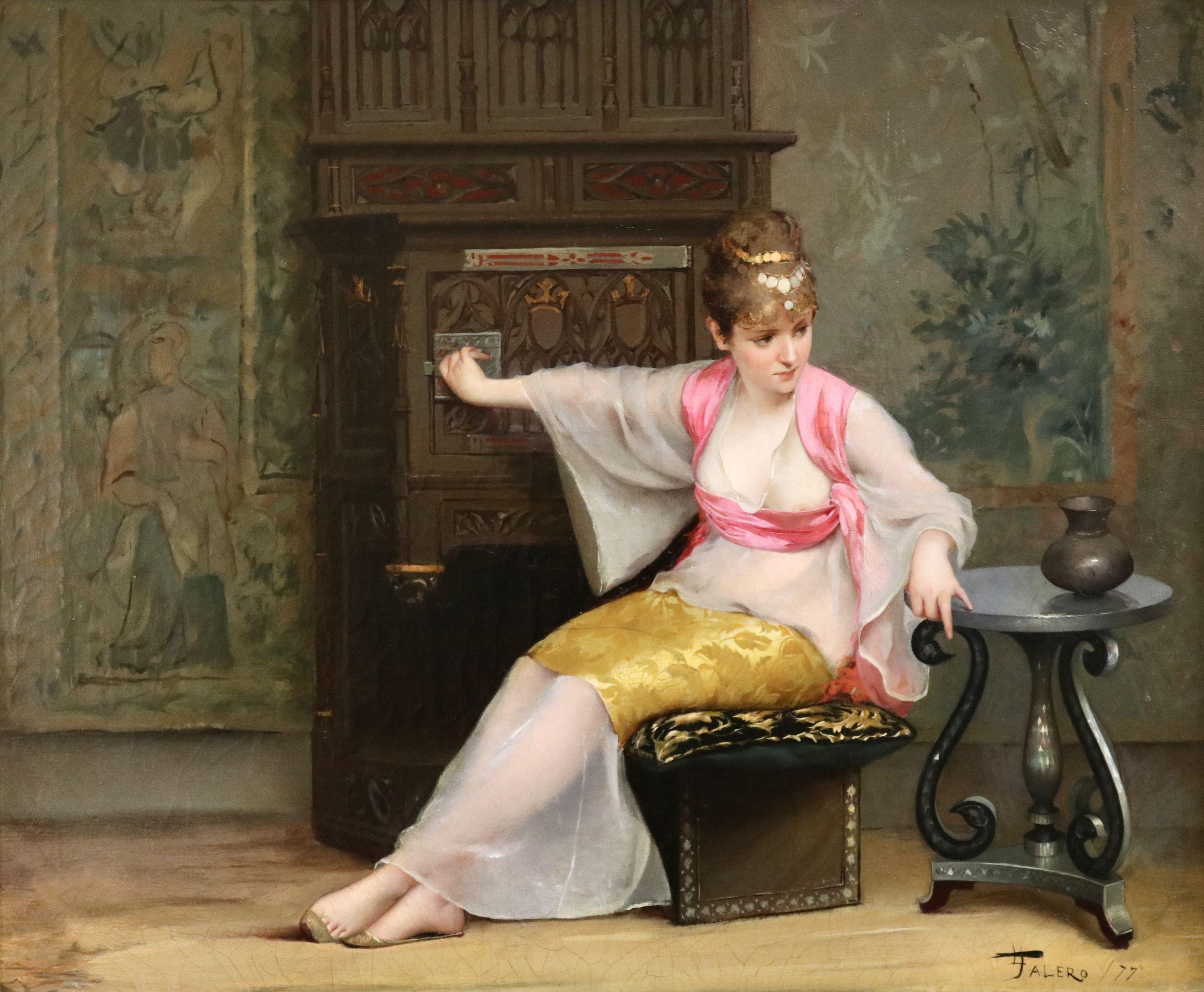 Luis Ricardo Falero Interior Painting - Orientalist Girl in Interior - 19th Century Oil, Elegant Woman by Luis Falero