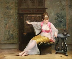 Orientalist Girl in Interior - 19th Century Oil, Elegant Woman by Luis Falero