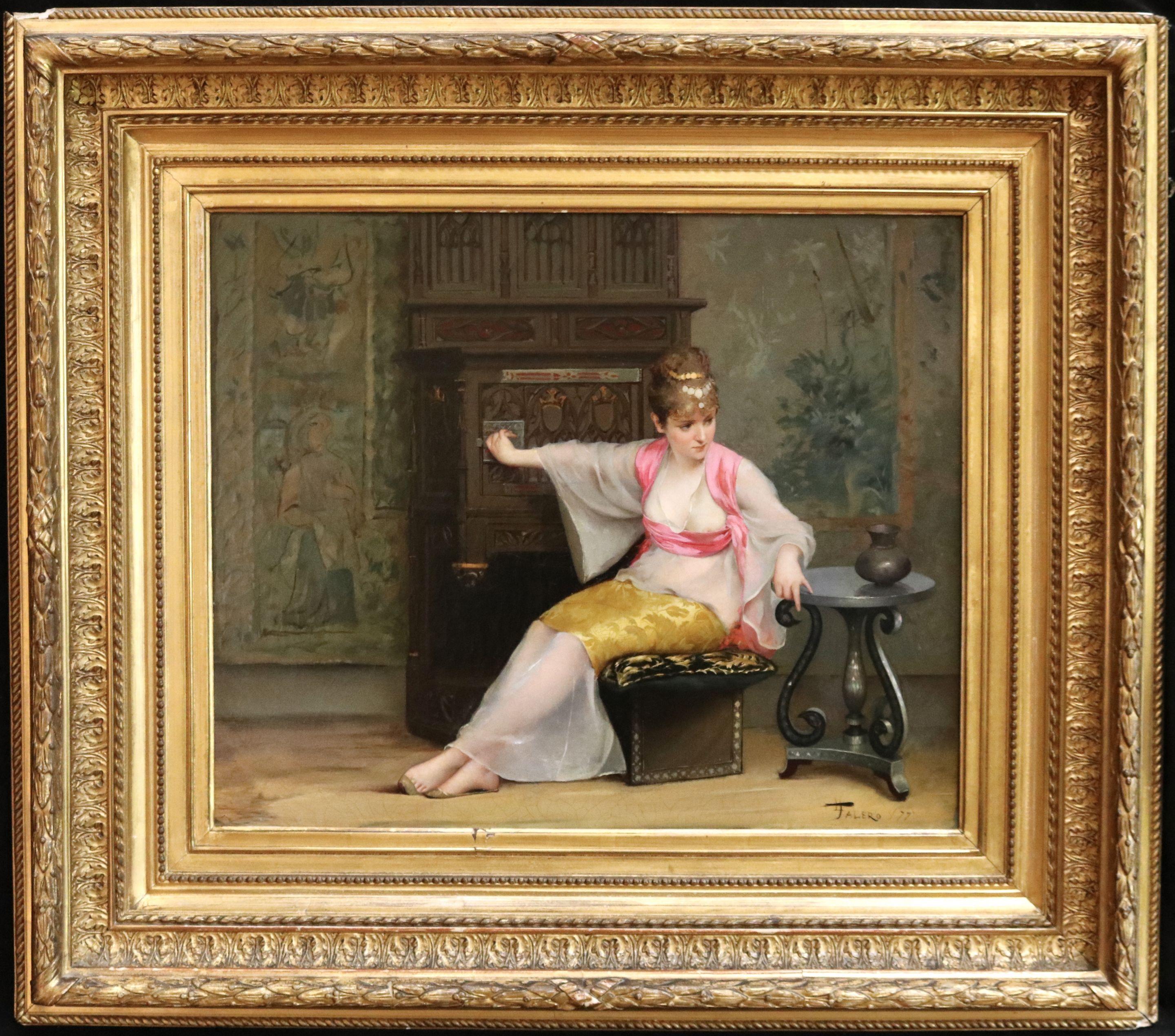 Orientalist Girl in Interior - 19th Century Oil, Elegant Woman by Luis Falero - Painting by Luis Ricardo Falero