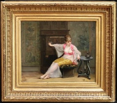 Orientalist Girl in Interior - 19th Century Oil, Elegant Woman by Luis Falero