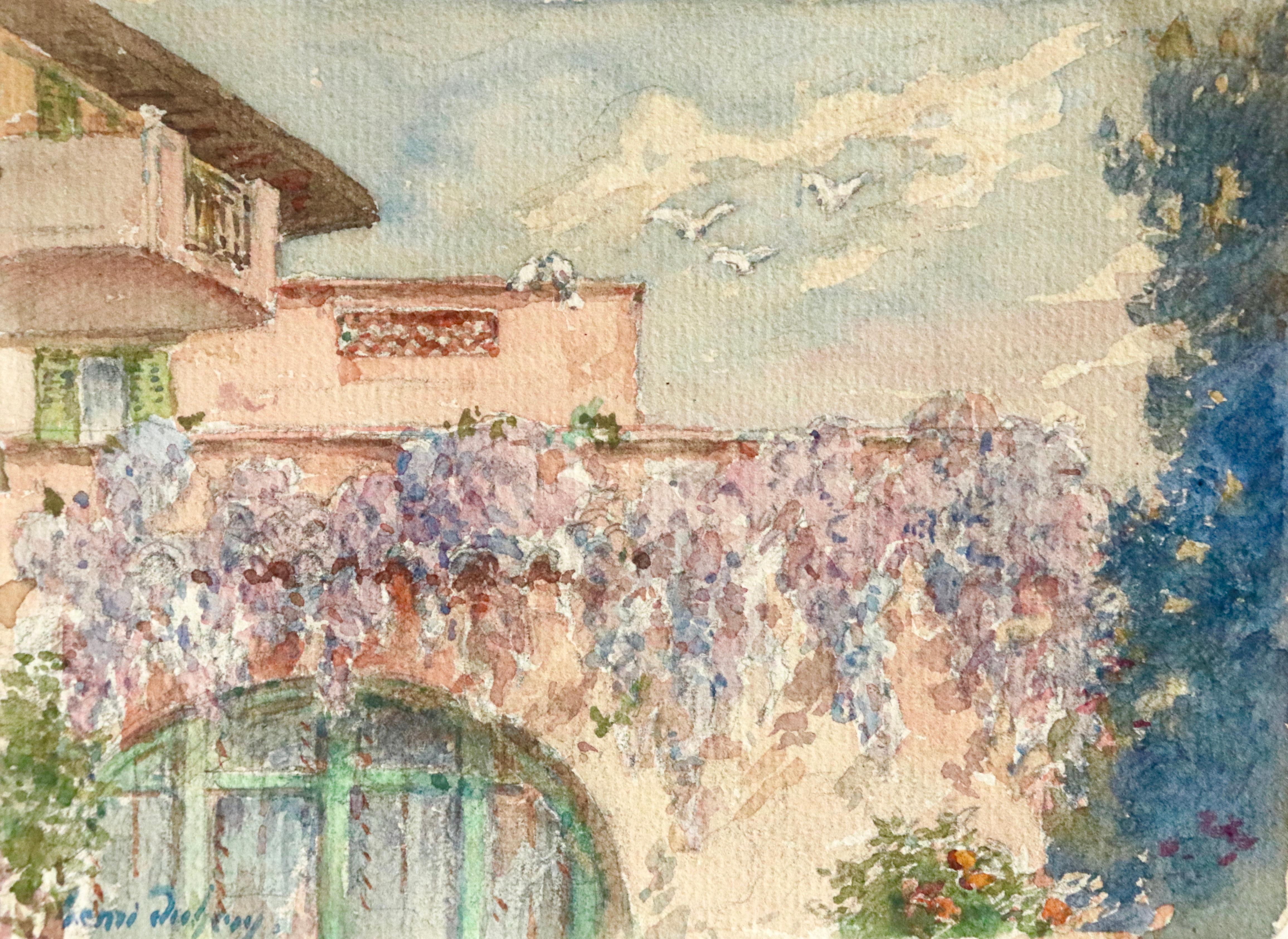 Watercolour on paper circa 1925 by Henri Duhem, of purple wisteria hanging from a cottage wall on a summer's day in Juan les Pins as birds fly overhead. Signed lower left. This painting is not currently framed but a suitable frame can be sourced if