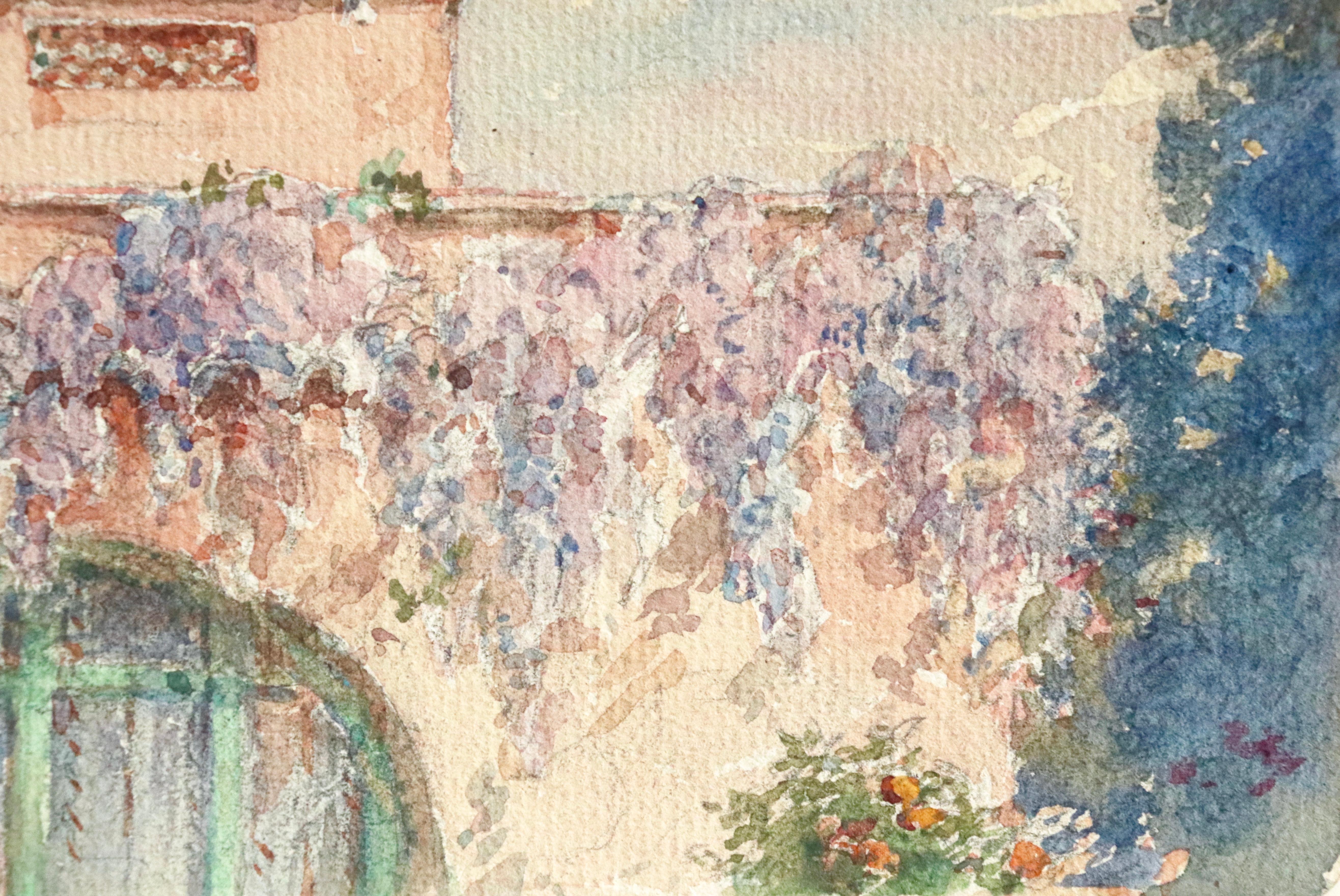 Wisteria - 19th Century Watercolor, Flowers on Cottage Landscape by Henri Duhem 2