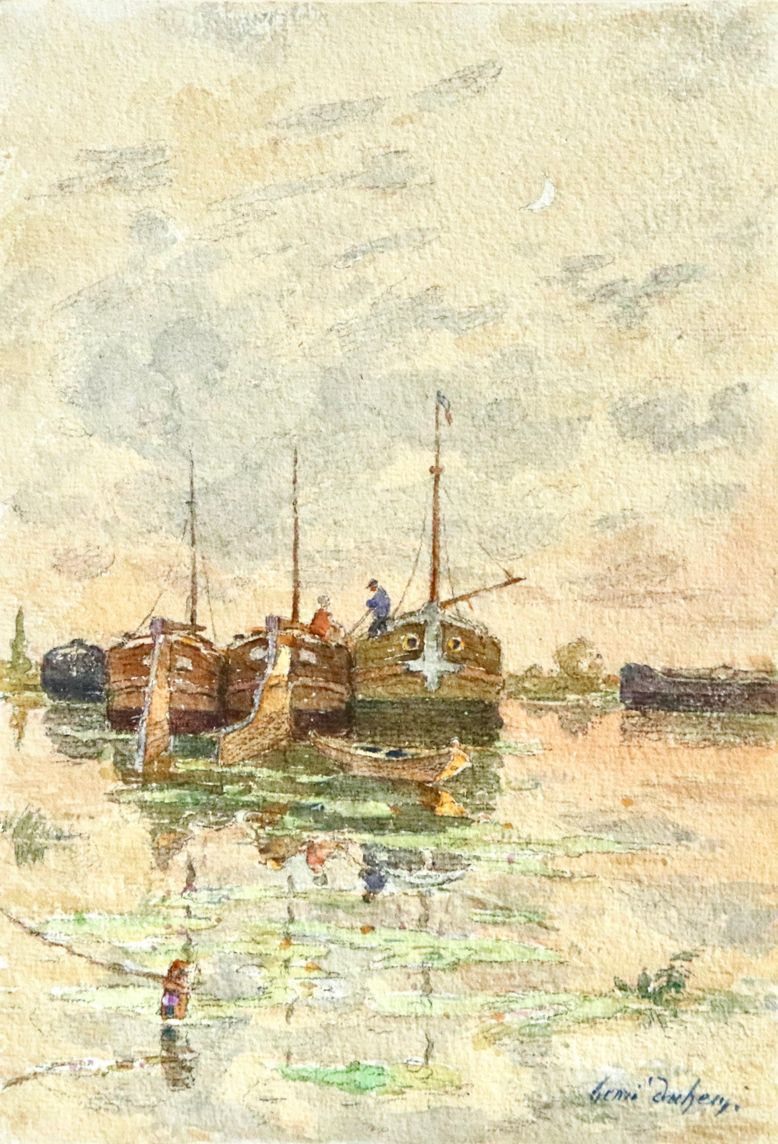 On the Barges - Aquarelle du XIXe siècle, Figures sur des bateaux sur une rivière - Henri Duhem