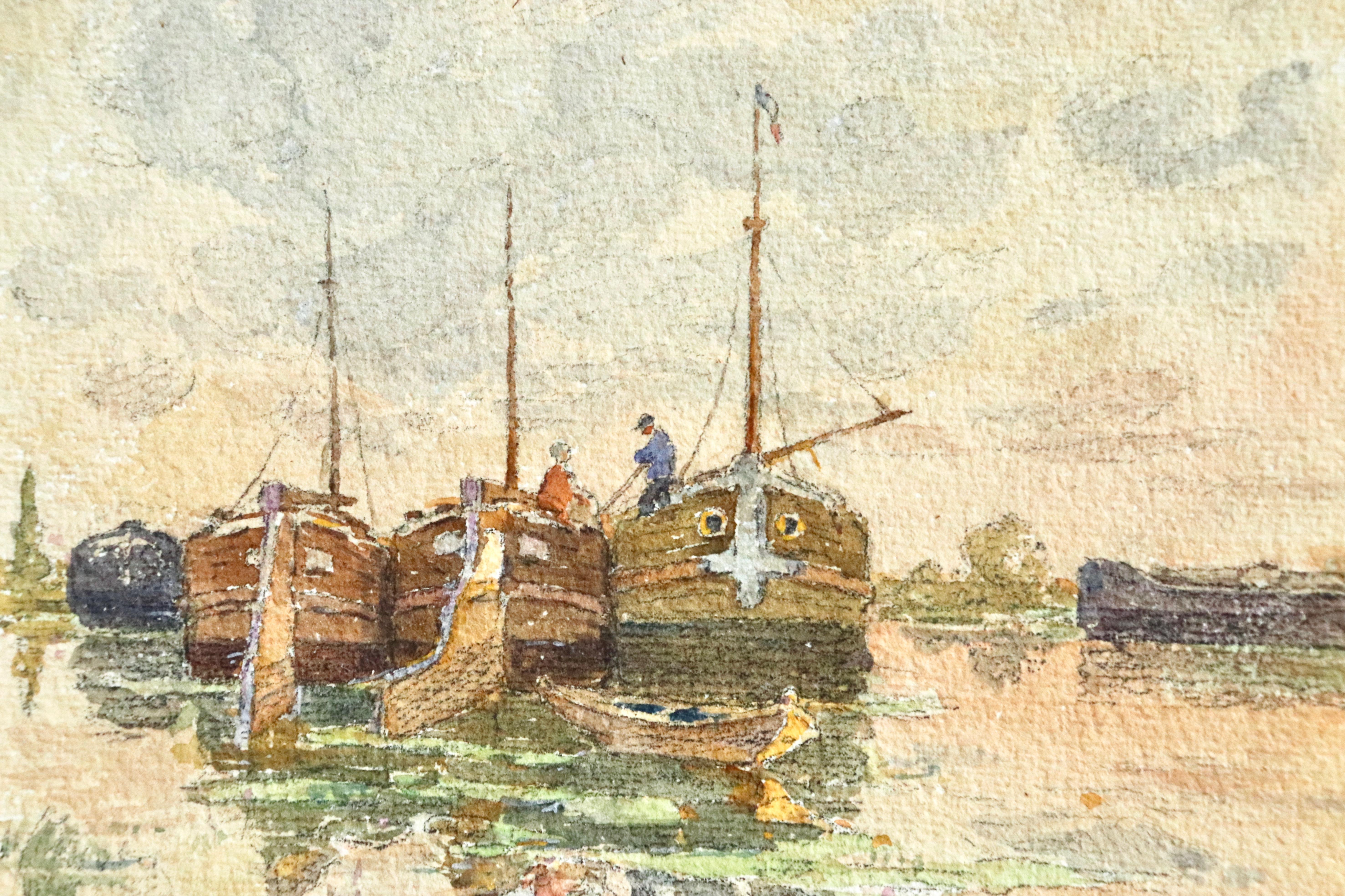 On the Barges - Aquarelle du XIXe siècle, Figures sur des bateaux sur une rivière - Henri Duhem en vente 2