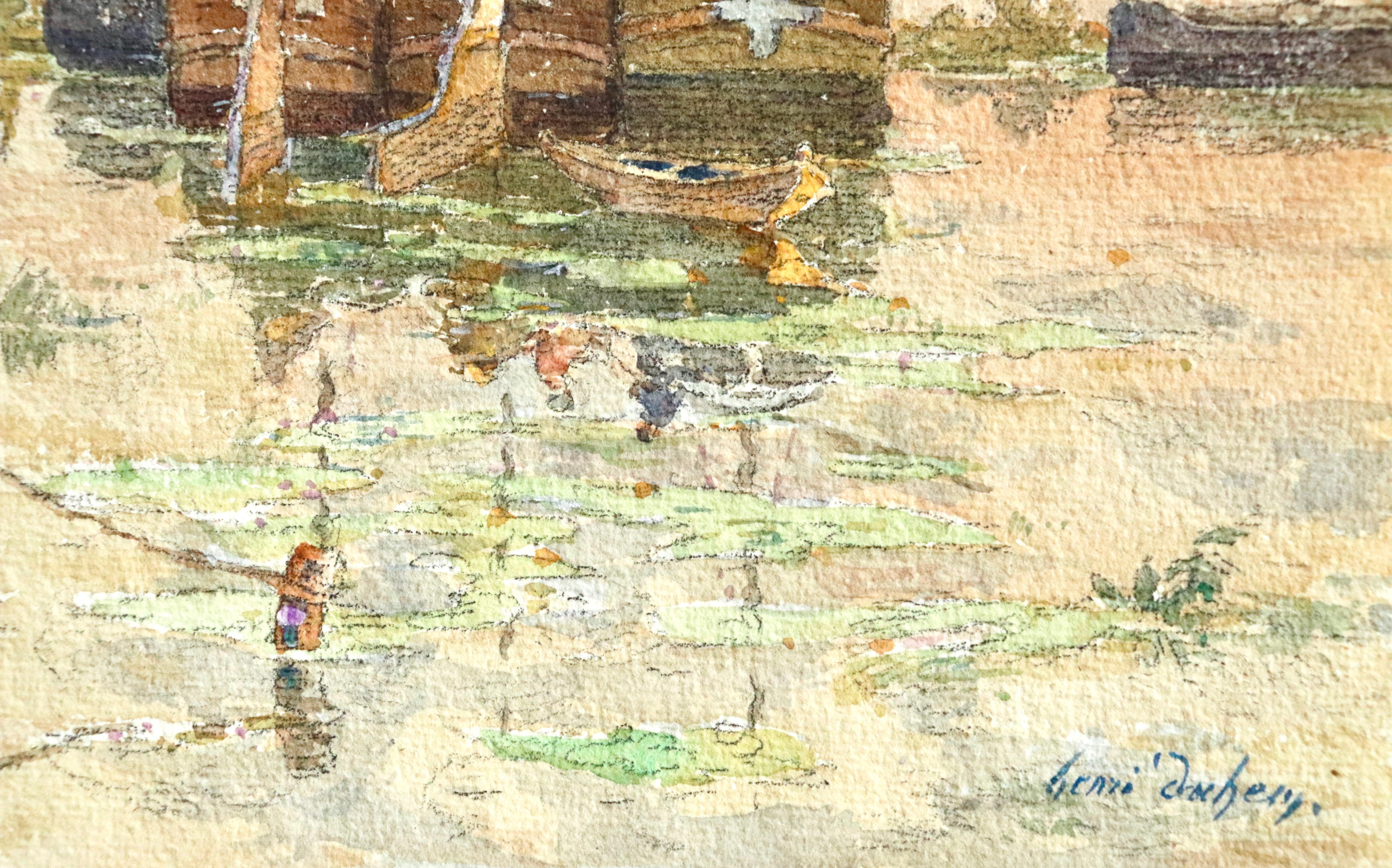 On the Barges - Aquarelle du XIXe siècle, Figures sur des bateaux sur une rivière - Henri Duhem en vente 3