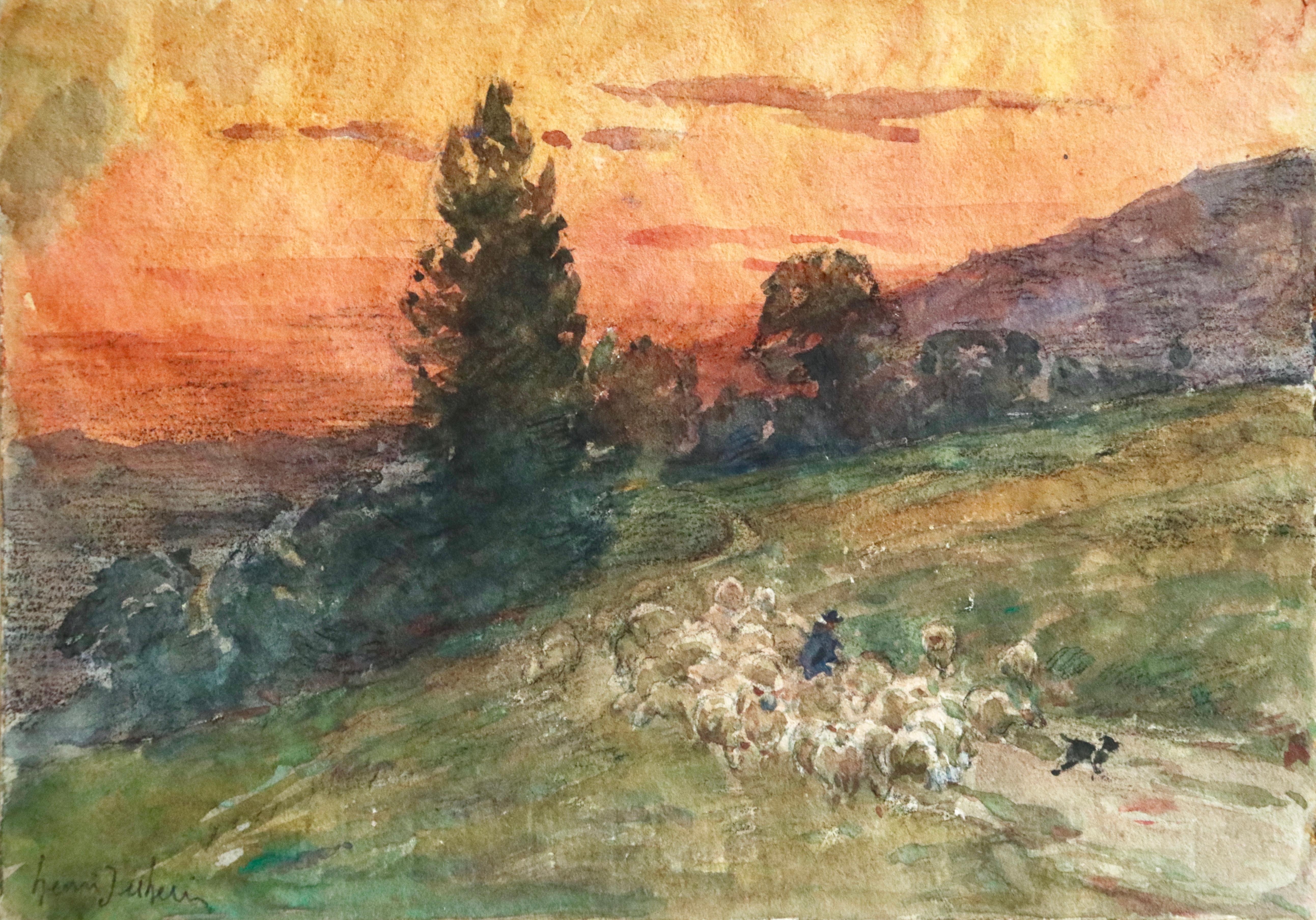 Henri Duhem Animal Art - Droving Sheep at Sunset - 19th Century Watercolor, Flock in Landscape by H Duhem