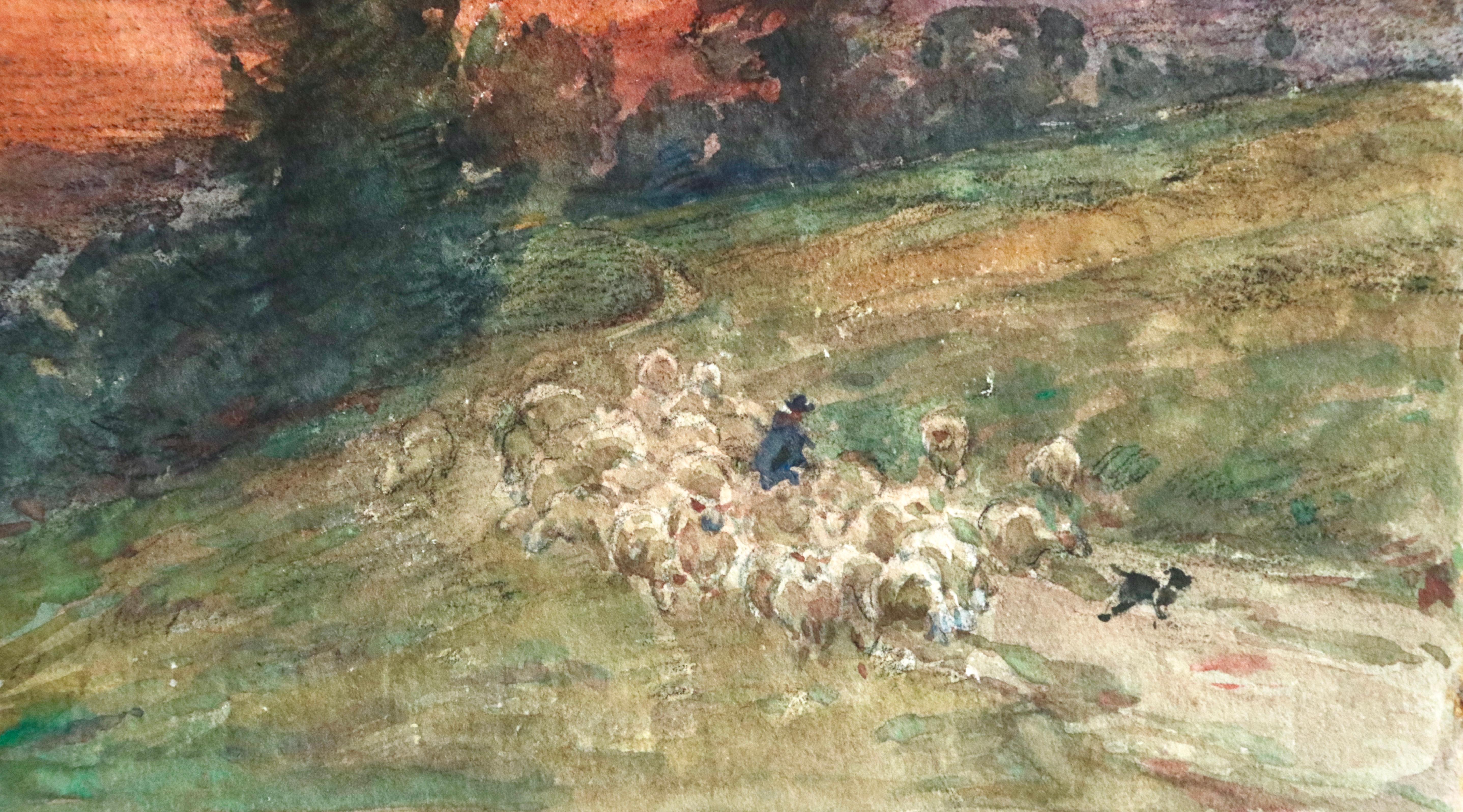Droving Sheep at Sunset - 19th Century Watercolor, Flock in Landscape by H Duhem - Impressionist Art by Henri Duhem