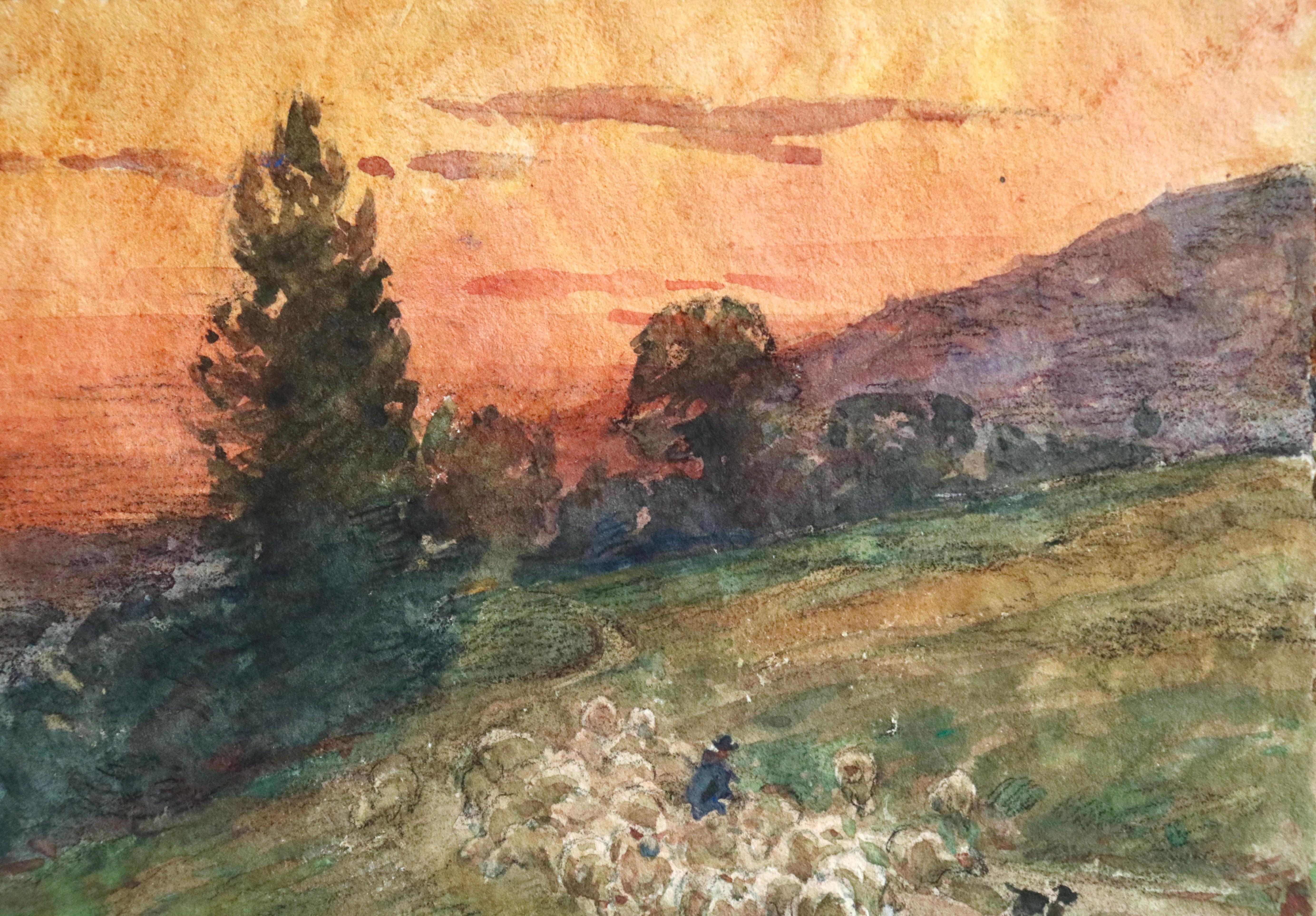 Droving Sheep at Sunset - 19th Century Watercolor, Flock in Landscape by H Duhem - Brown Animal Art by Henri Duhem