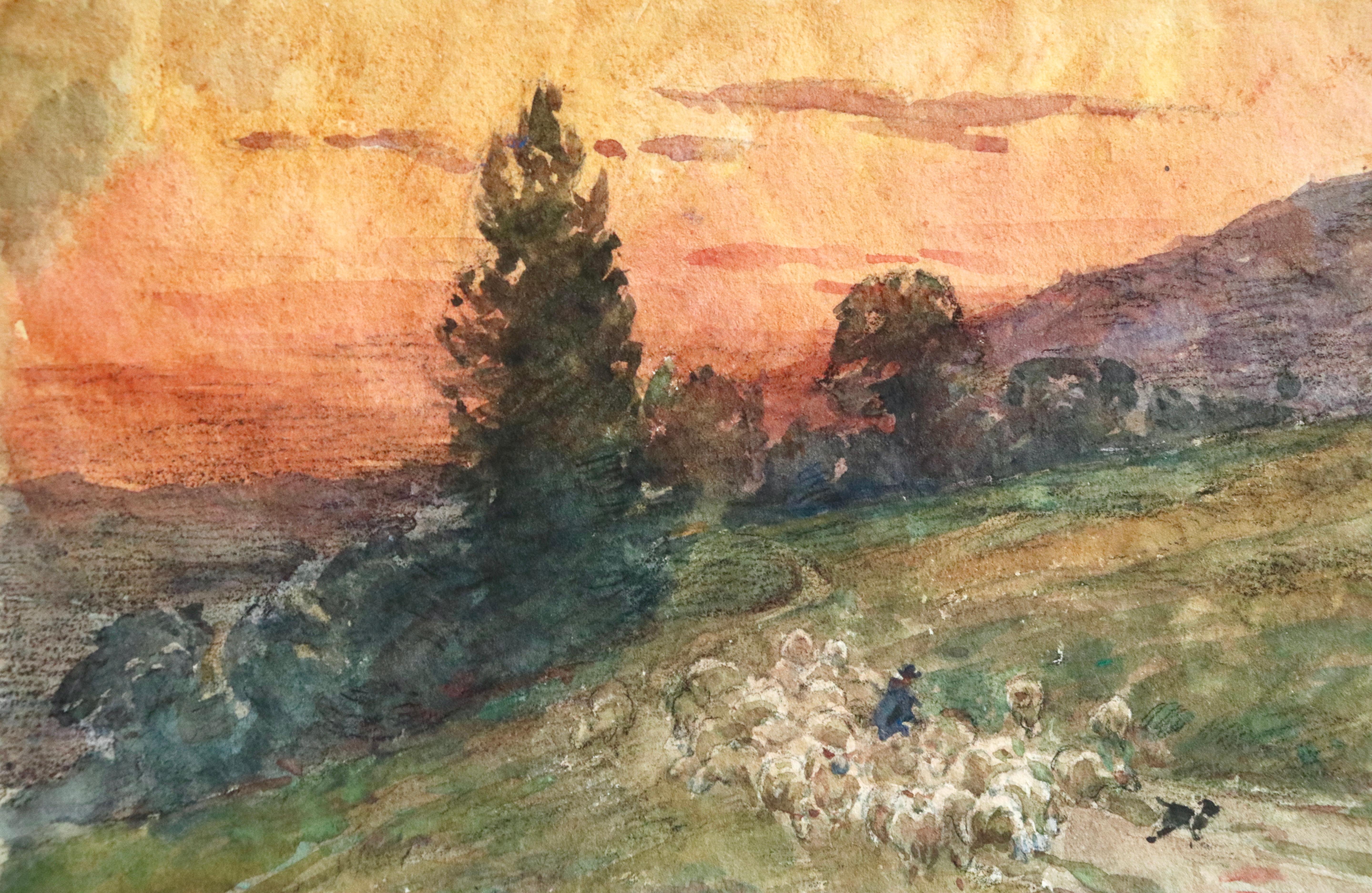Watercolour on paper circa 1902 by Henri Duhem depicting a shepherd with his sheep dog droving his flock of sheep as the sunset glows red behind the trees. Signed lower left. This painting is not currently framed but a suitable frame can be sourced