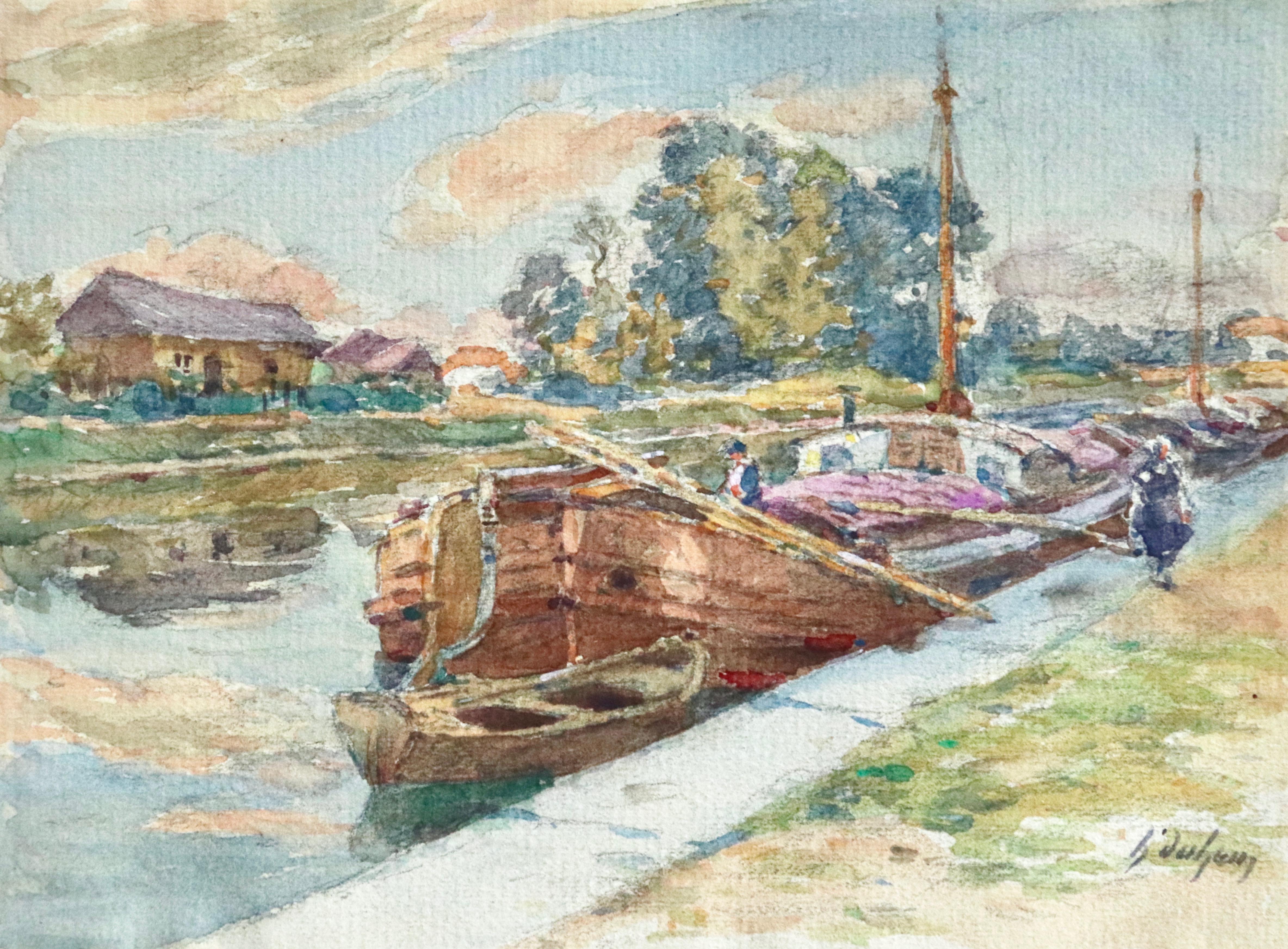 Henri Duhem Landscape Art - On the Canal - Douai - 19th Century Watercolor, Boats in Landscape by H Duhem