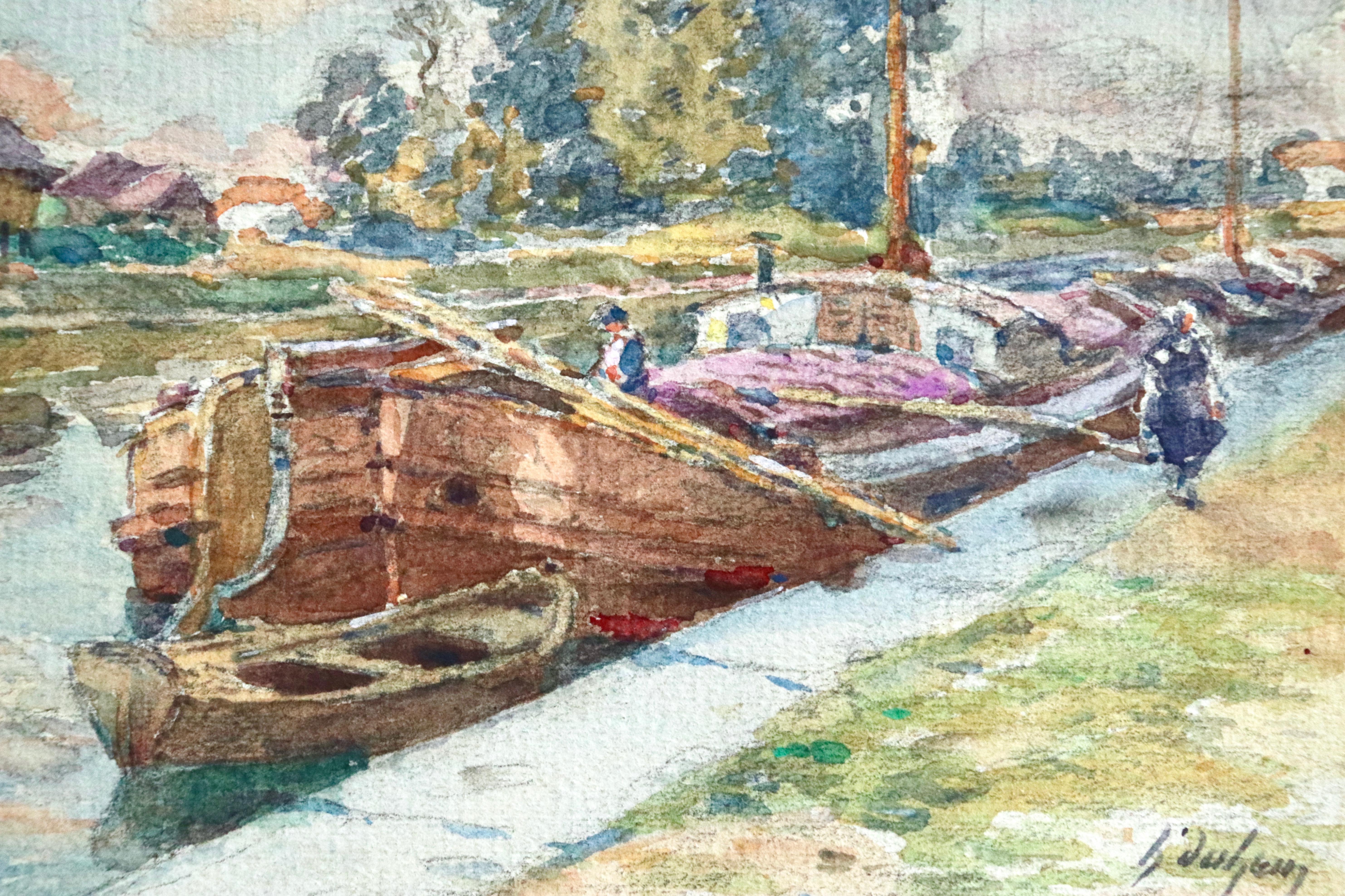 On the Canal - Douai - 19th Century Watercolor, Boats in Landscape by H Duhem - Art by Henri Duhem