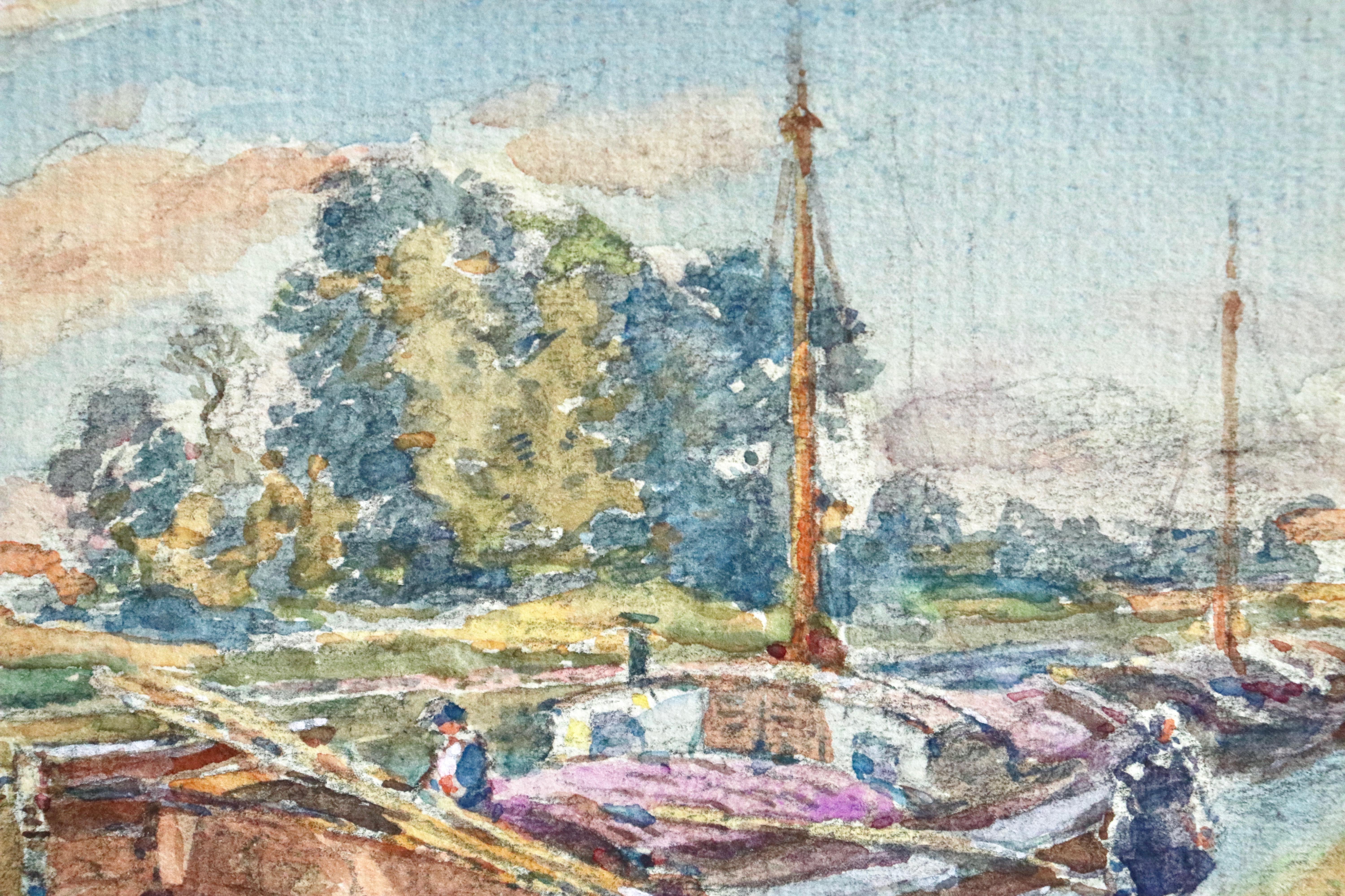 Watercolour on paper circa 1907 by Henri Duhem depicting boats moored on the canal in Douai. Signed lower right. This painting is not currently framed but a suitable frame can be sourced if required.

Descendant of an old Flemish family, Henri Duhem