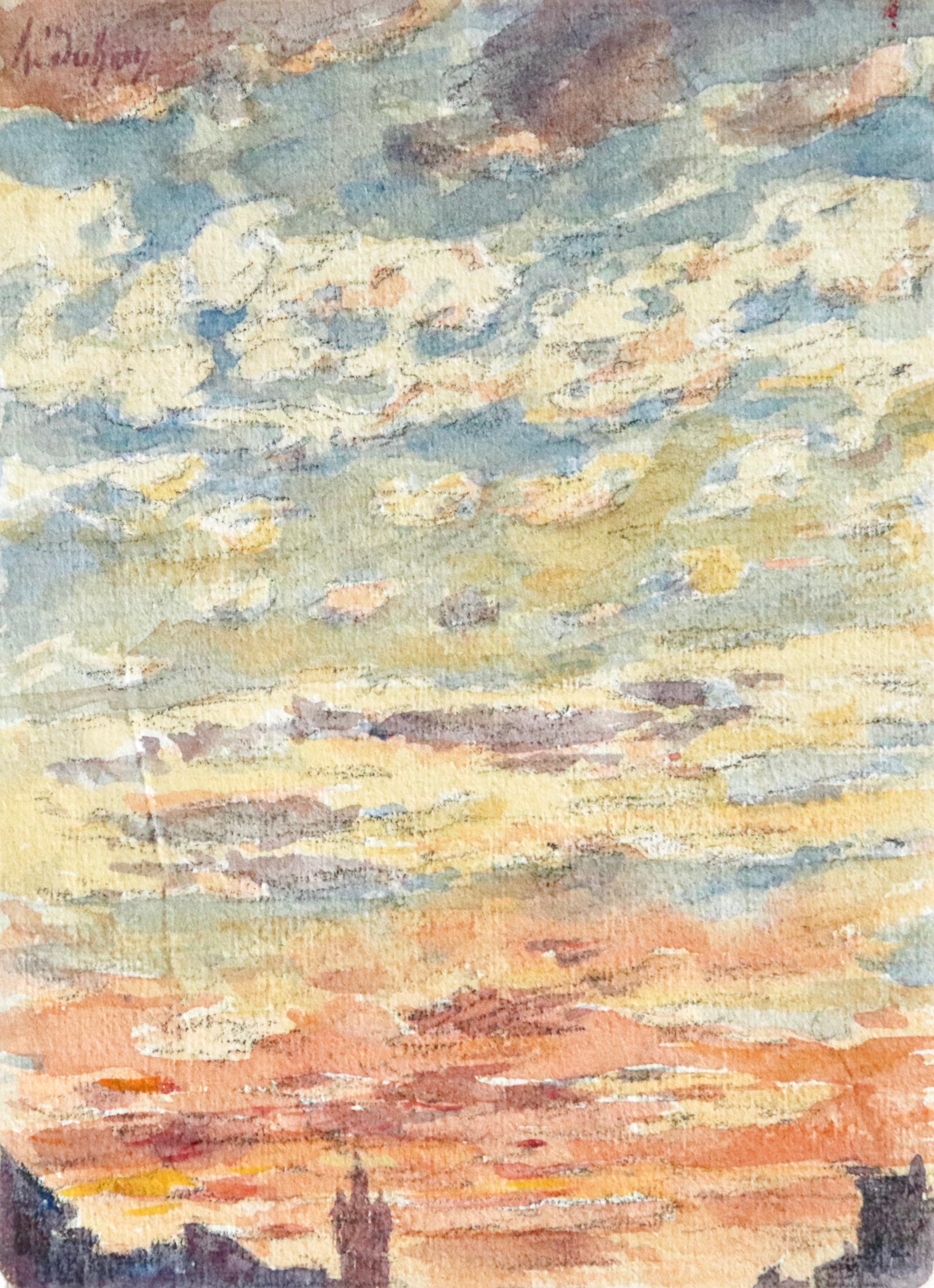 Coucher du Soleil - 19th Century Watercolor, Sunset Sky Landscape by Henri Duhem