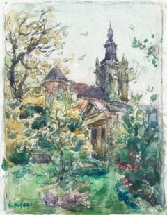 Jardin à côté de l'Eglise - 19th Century Watercolor, Church in Landscape - Duhem