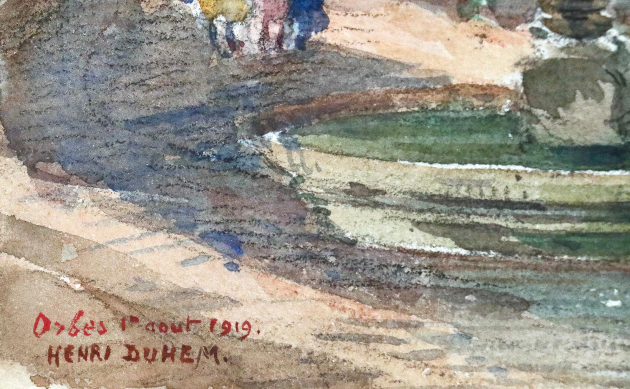 Orbes 1 aout 1919 - 19. Jahrhundert Aquarell:: Figuren in Landschaft von Henri Duhem 5