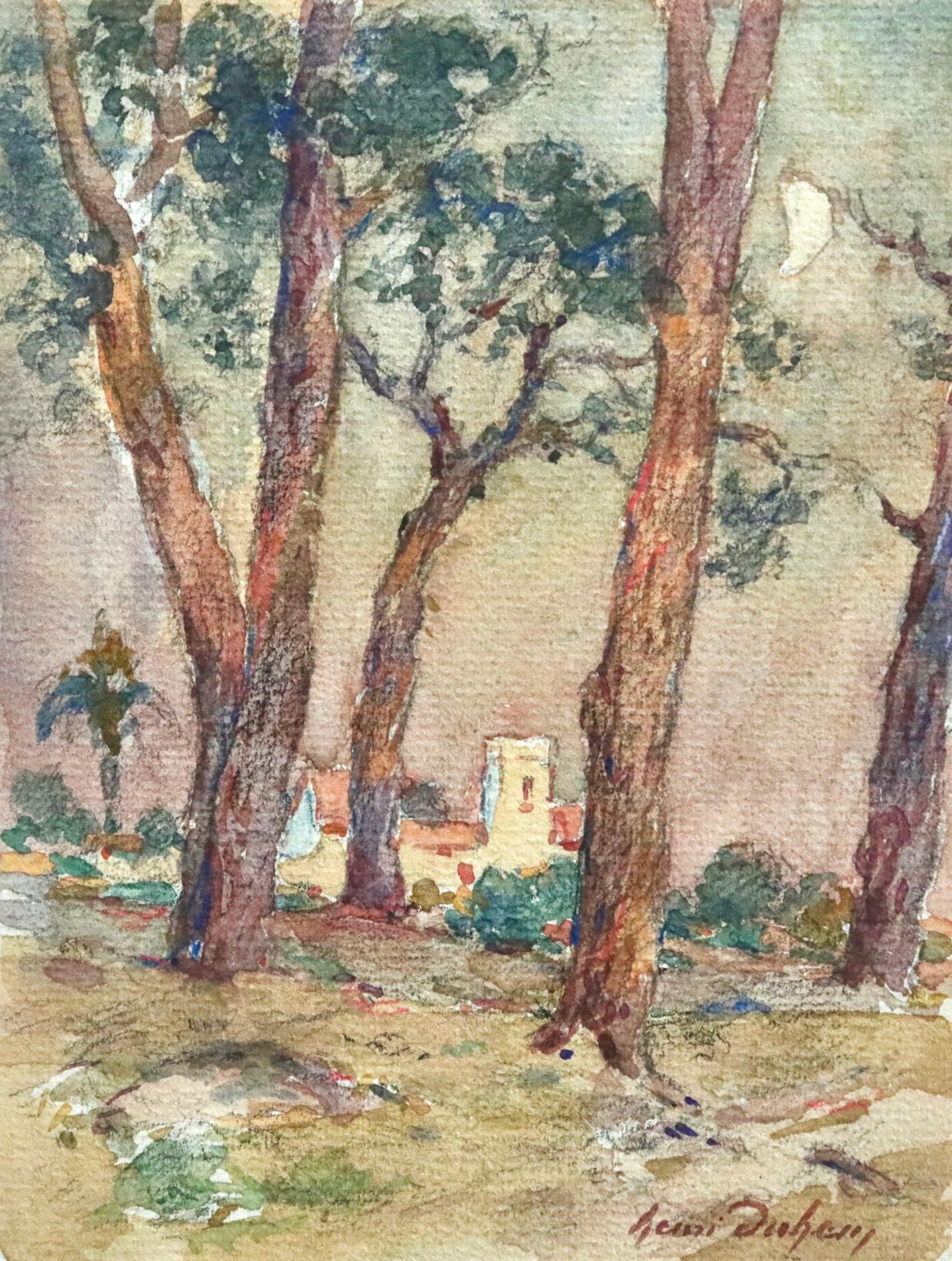 Aquarell auf Papier um 1925 von Henri Duhem, das Bäume in einer mondbeschienenen Landschaft mit einem Haus dahinter zeigt. Signiert unten rechts. Dieses Gemälde ist derzeit nicht gerahmt, aber ein passender Rahmen kann bei Bedarf beschafft