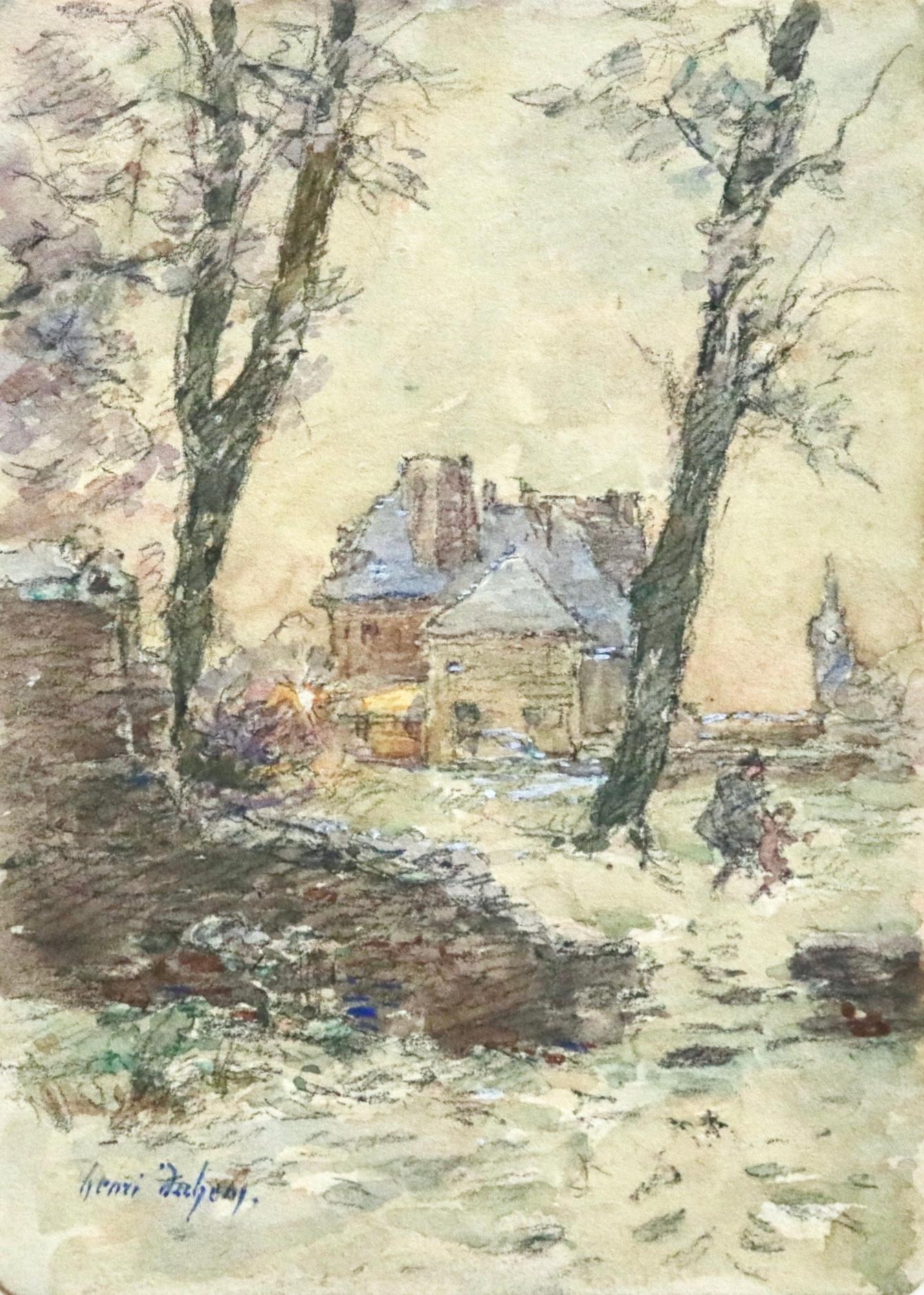 Hiver - 19th Century Watercolor, Cottage & Figures Winter Landscape by H Duhem