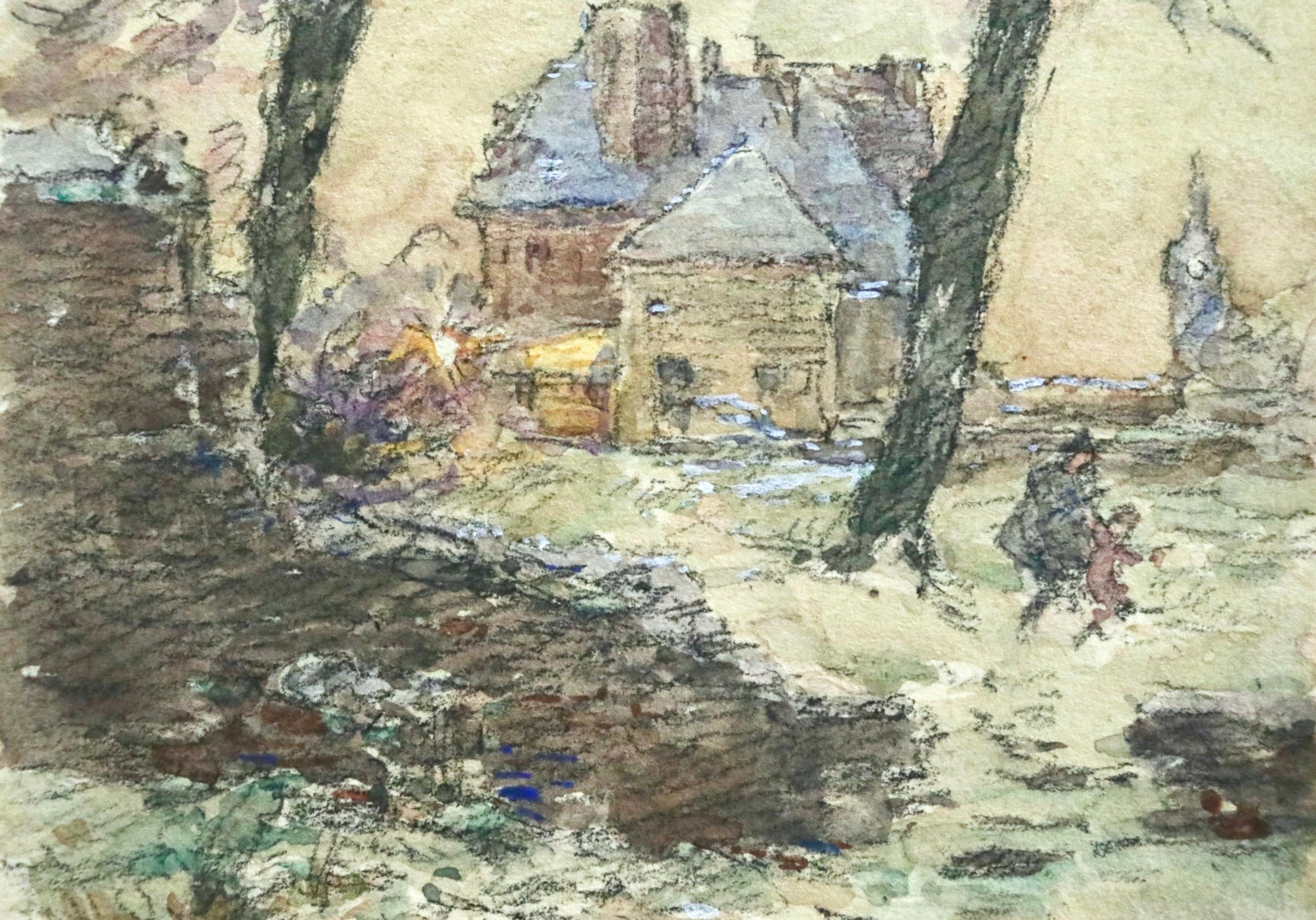 Hiver - 19. Jahrhundert Aquarell, Landhaus und Figuren Winterlandschaft von H Duhem (Impressionismus), Painting, von Henri Duhem