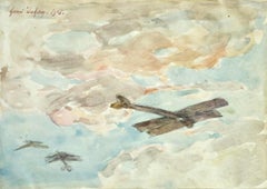 Antique Dog Fight over Douai - 19th Century Watercolor, World War I Biplanes by H Duhem