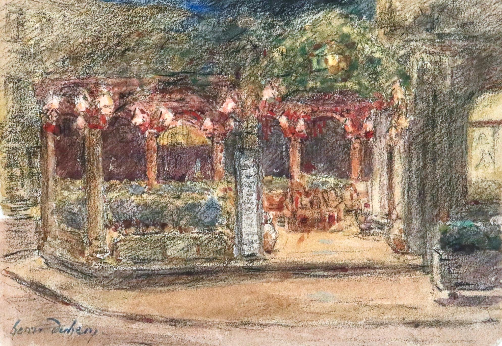 Le Café la Nuit - 19th Century Watercolor, Cafe at Night Landscape by H Duhem