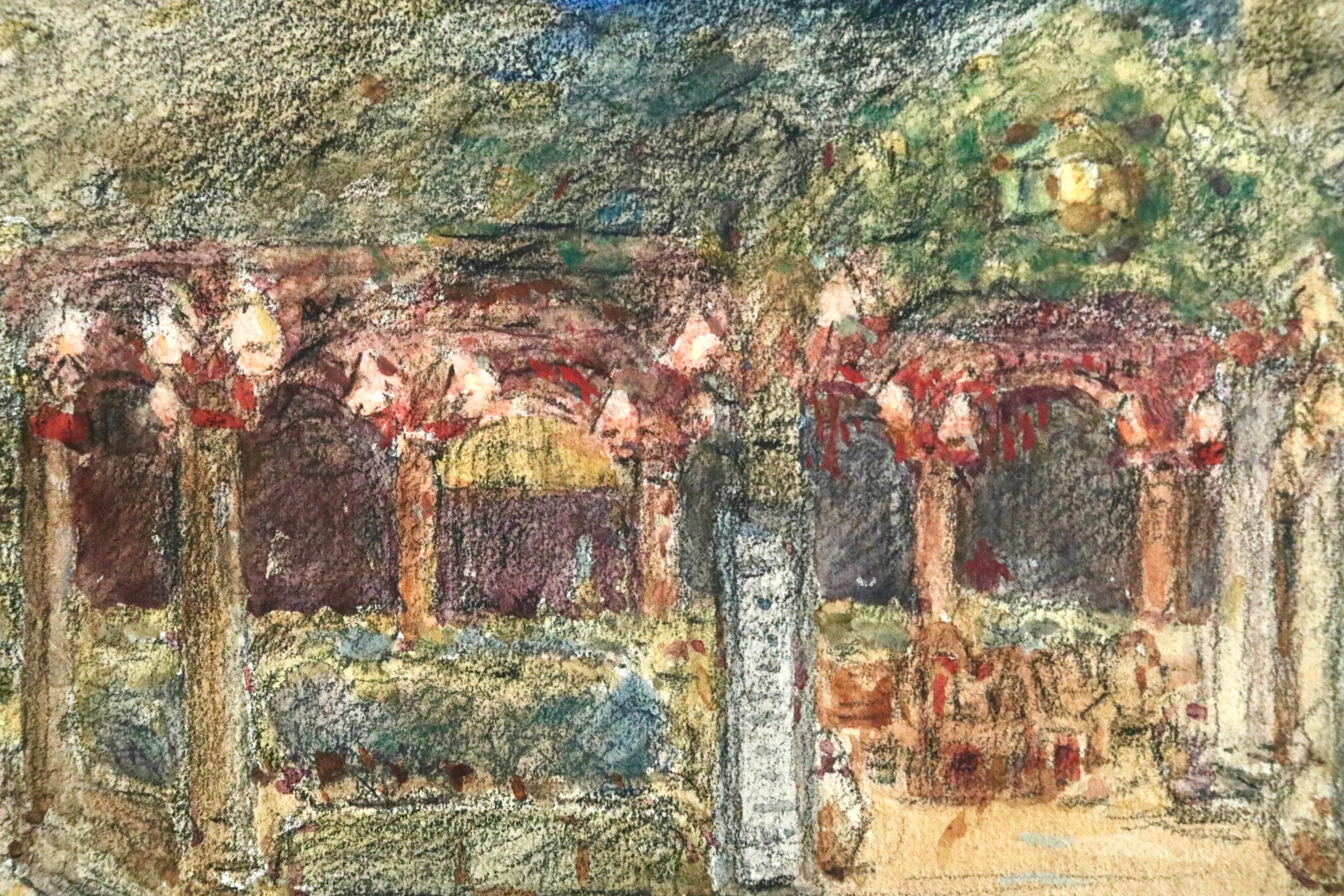 Le Caf la Nuit – 19. Jahrhundert, Aquarell, Cafe at Night, Landschaft von H Duhem (Braun), Landscape Art, von Henri Duhem