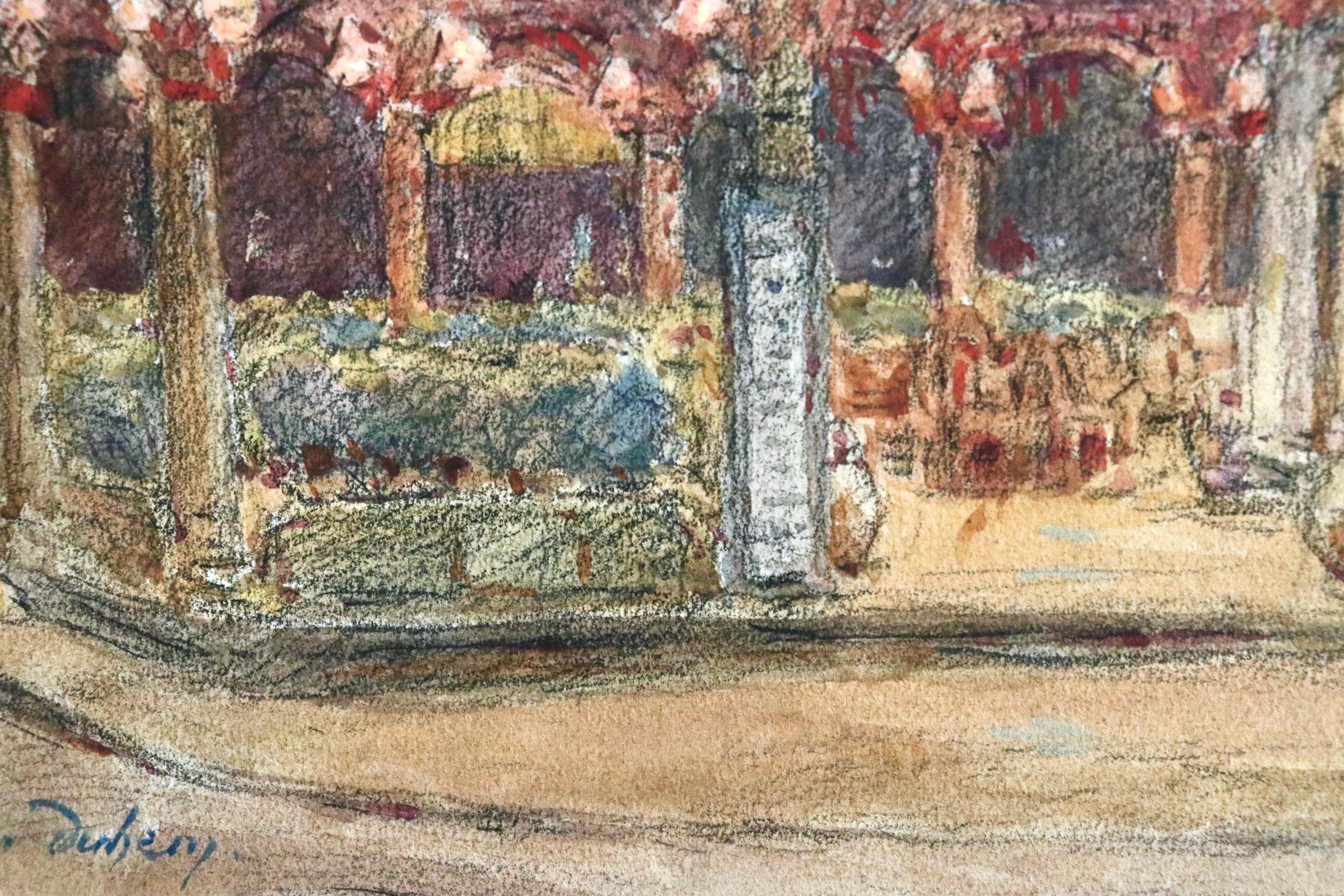 Wunderschönes Aquarell auf Papier um 1920 von Henri Duhem, das eine nächtliche Café-Szene mit einer von Laternen beleuchteten Terrasse zeigt. Signiert unten links. Dieses Gemälde ist derzeit nicht gerahmt, aber ein passender Rahmen kann bei Bedarf