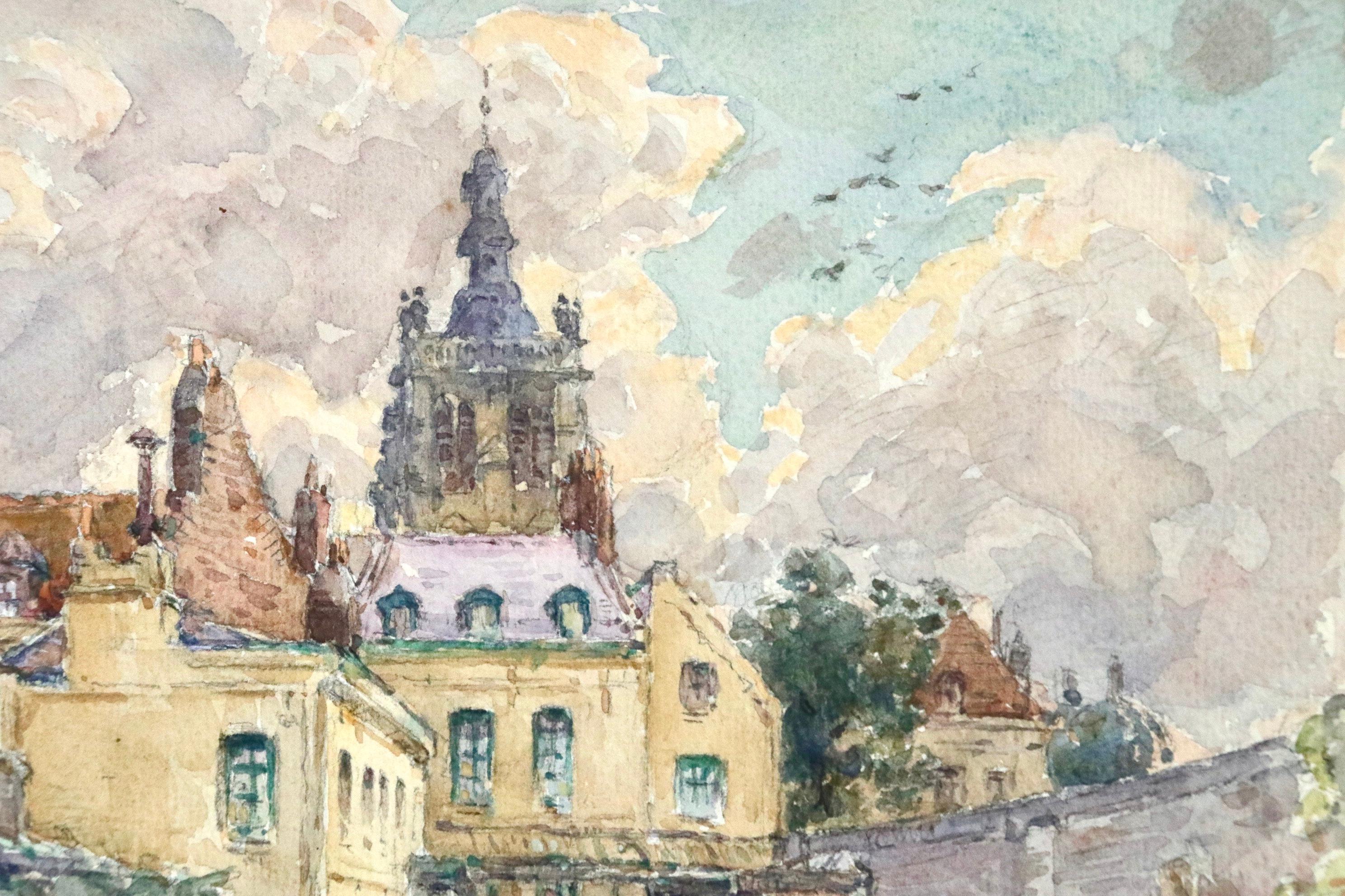 A simply stunning watercolour on paper circa 1910 by Henri Duhem. The painting depicts the house and gardens of the painter's uncle, Achille Dincq, an industrialist. The house is located in Douai with the tower of L'église de Saint Pierre visible in