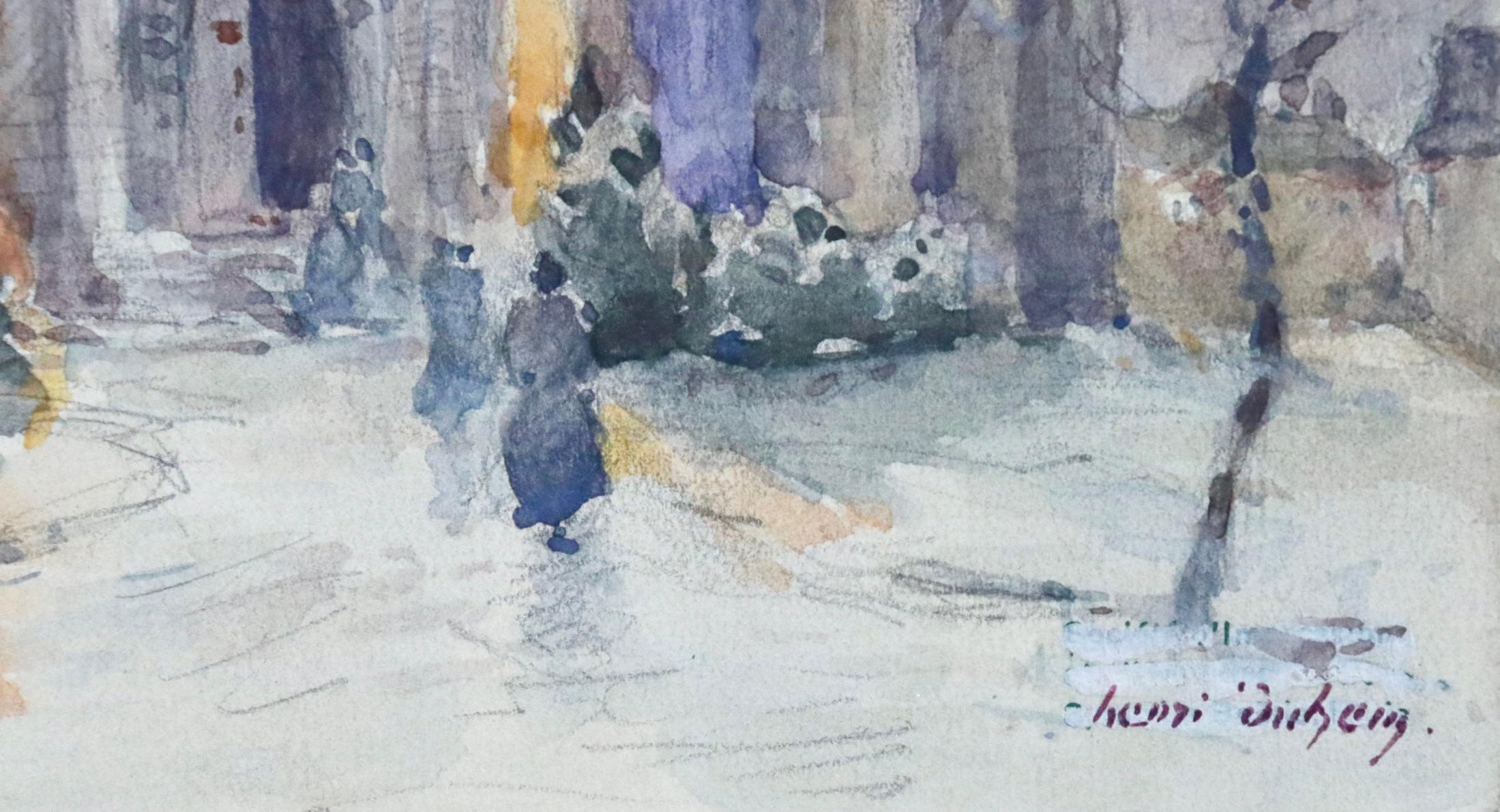 Ein wunderschönes Aquarell auf Papier von Henri Duhem aus der Zeit um 1910, das Figuren zeigt, die an einem kalten Winterabend durch den Schnee gehen, um die Messe in einer Kirche zu besuchen. Gesungen unten rechts. Dieses Gemälde ist derzeit nicht