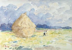 Le Lot Revery - 19th Century Watercolor, Figure in Field Landscape by H Duhem