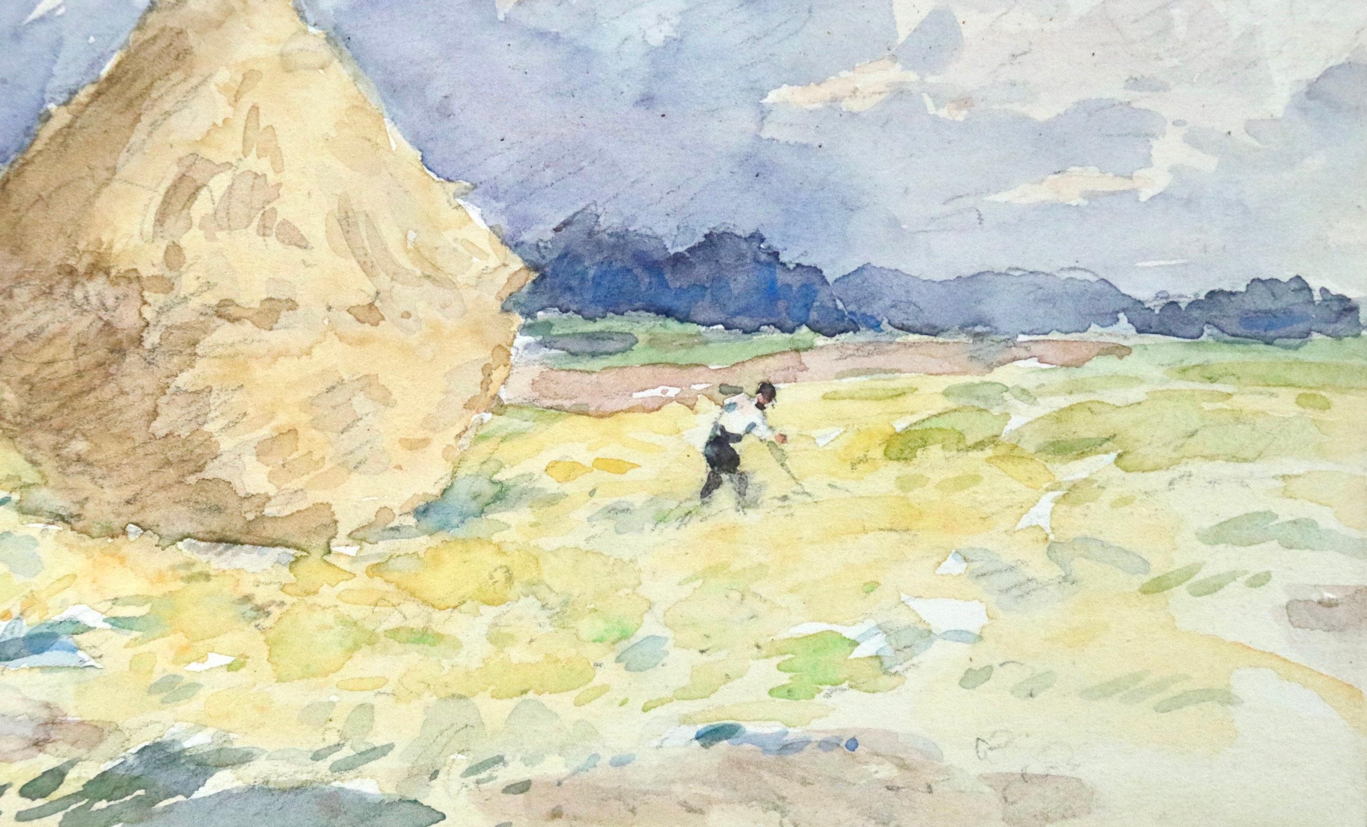 Le Lot Revery - 19th Century Watercolor, Figure in Field Landscape by H Duhem - Impressionist Painting by Henri Duhem