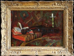 Violin & Books - 19th Century Oil & Gouache, Still Life by Dr Paul Louis Gachet