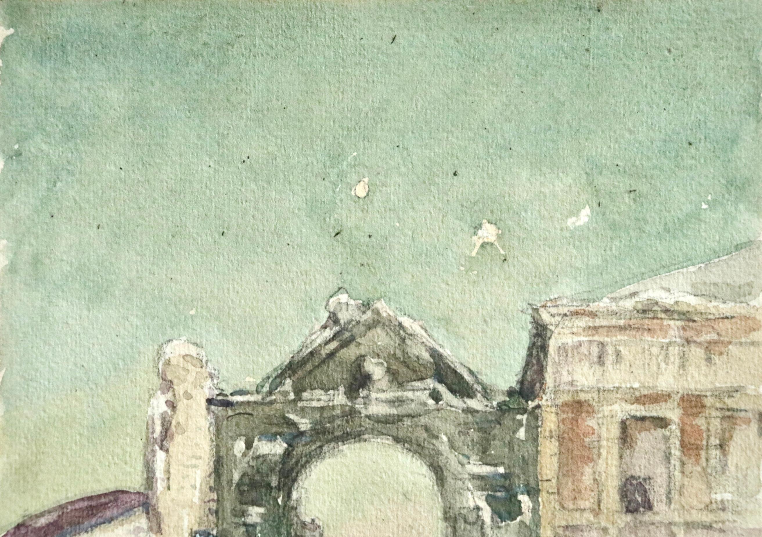 Arcade dans la Neige – Impressionistisches Aquarell, Nachtlandschaft von Henri Duhem im Angebot 4