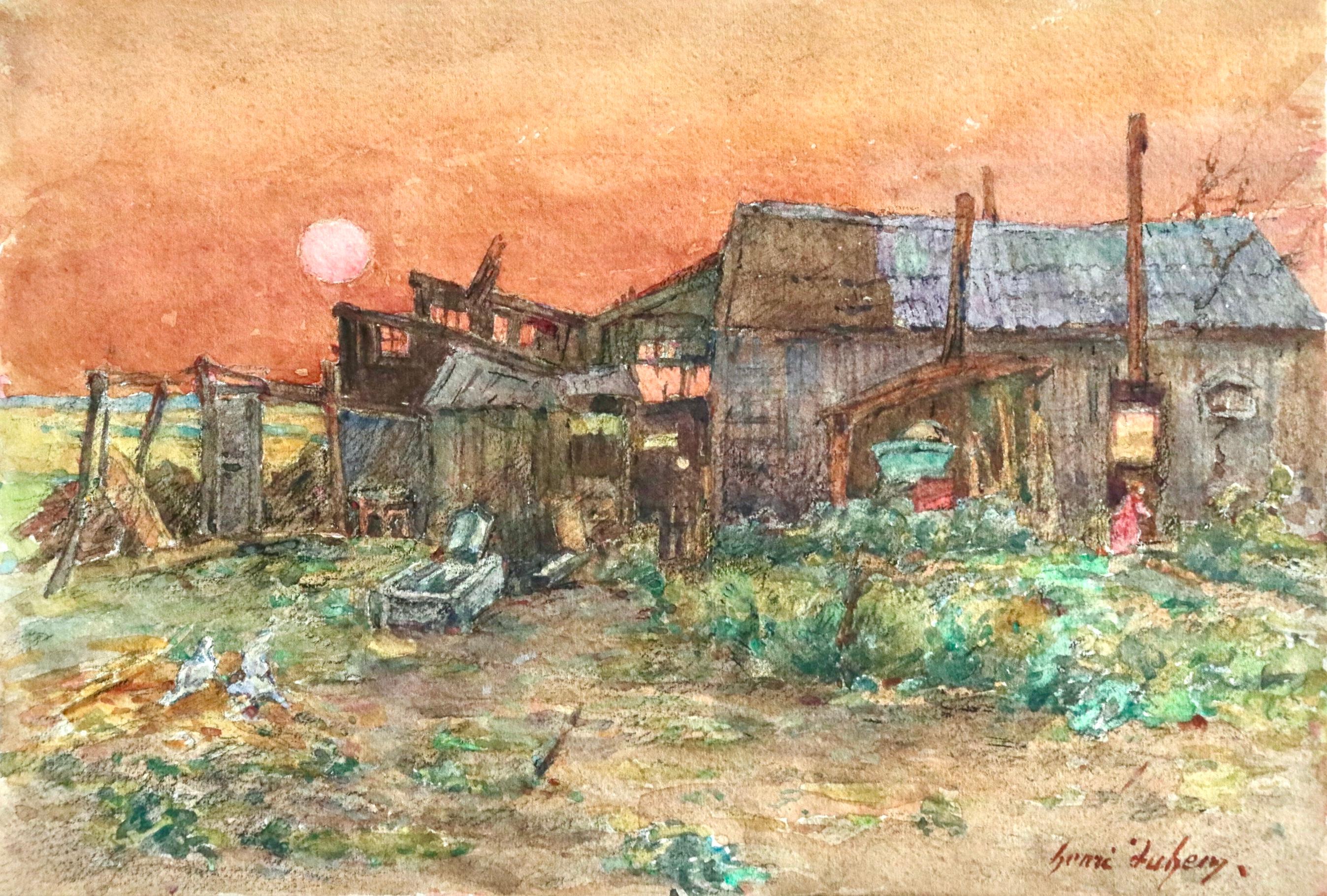 À la ferme - coucher de soleil - 19th Century Watercolor, Landscape by H Duhem