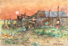 Aquarelle du 19ème siècle - Paysage de la ferme - coucher de soleil par H Duhem