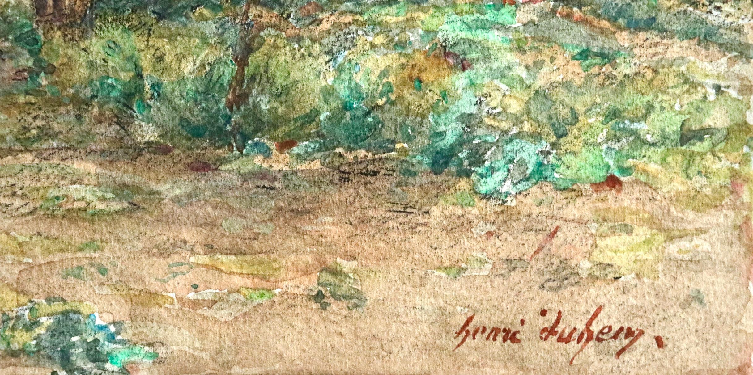 À la ferme - coucher de soleil - 19th Century Watercolor, Landscape by H Duhem - Art by Henri Duhem