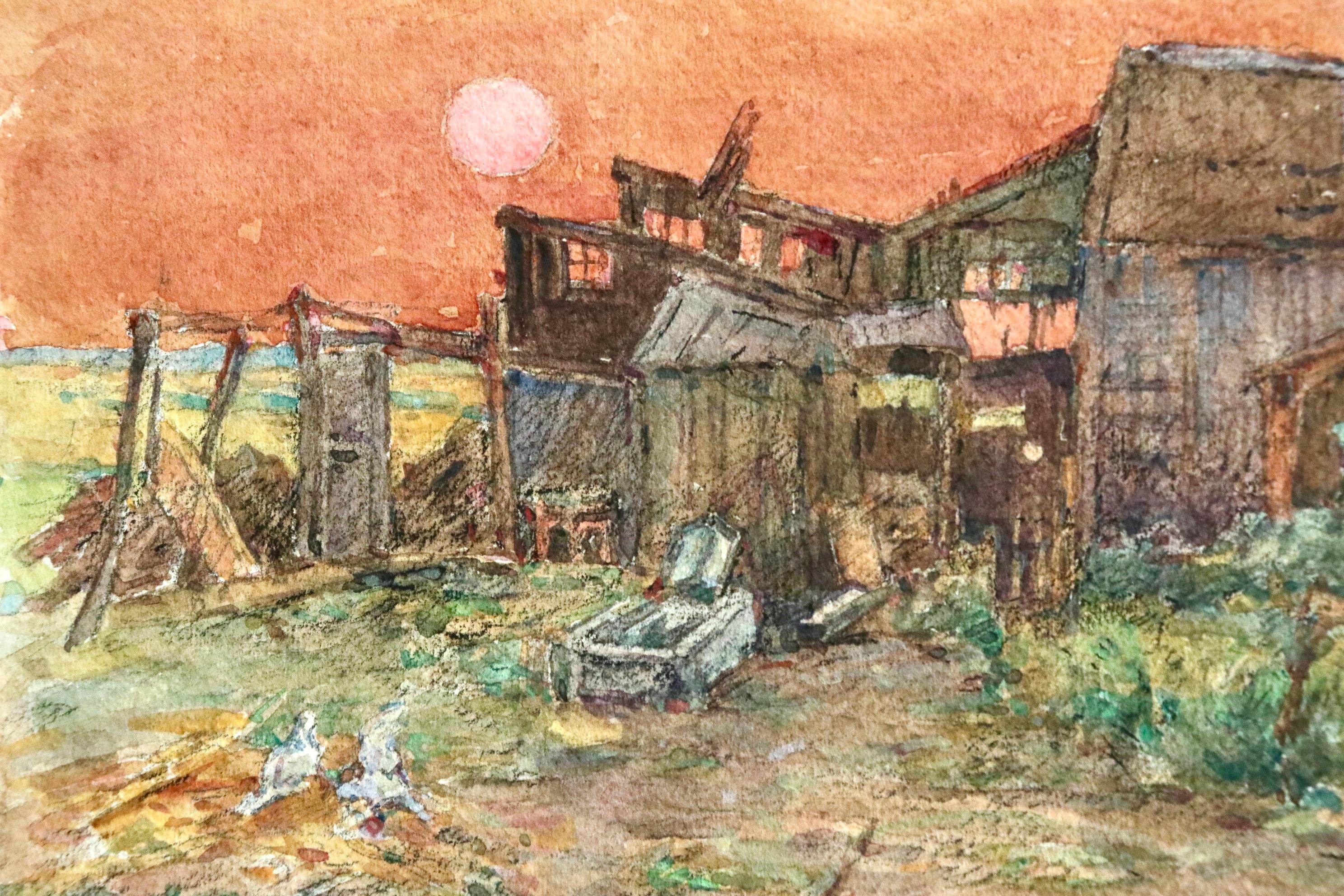 À la ferme - coucher de soleil - Acquerello del XIX secolo, Paesaggio di H. Duhem - Landscape Art Beige di Henri Duhem