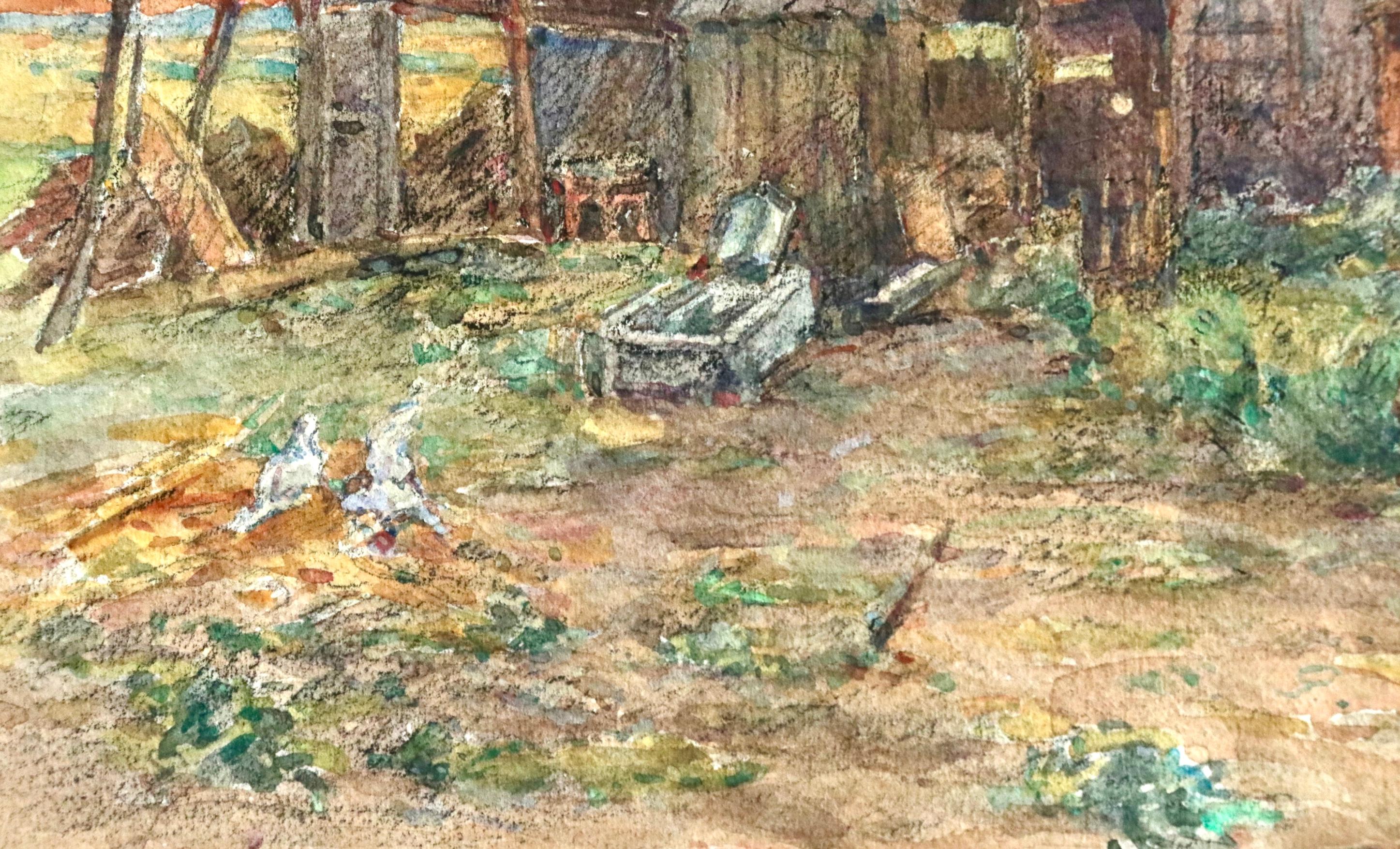 Aquarell auf Papier um 1925, das ein junges Mädchen zeigt, das durch einen Bauernhof läuft, während die Sonne in der Ferne rot untergeht. Signiert unten rechts. Dieses Gemälde ist derzeit nicht gerahmt, aber ein passender Rahmen kann bei Bedarf